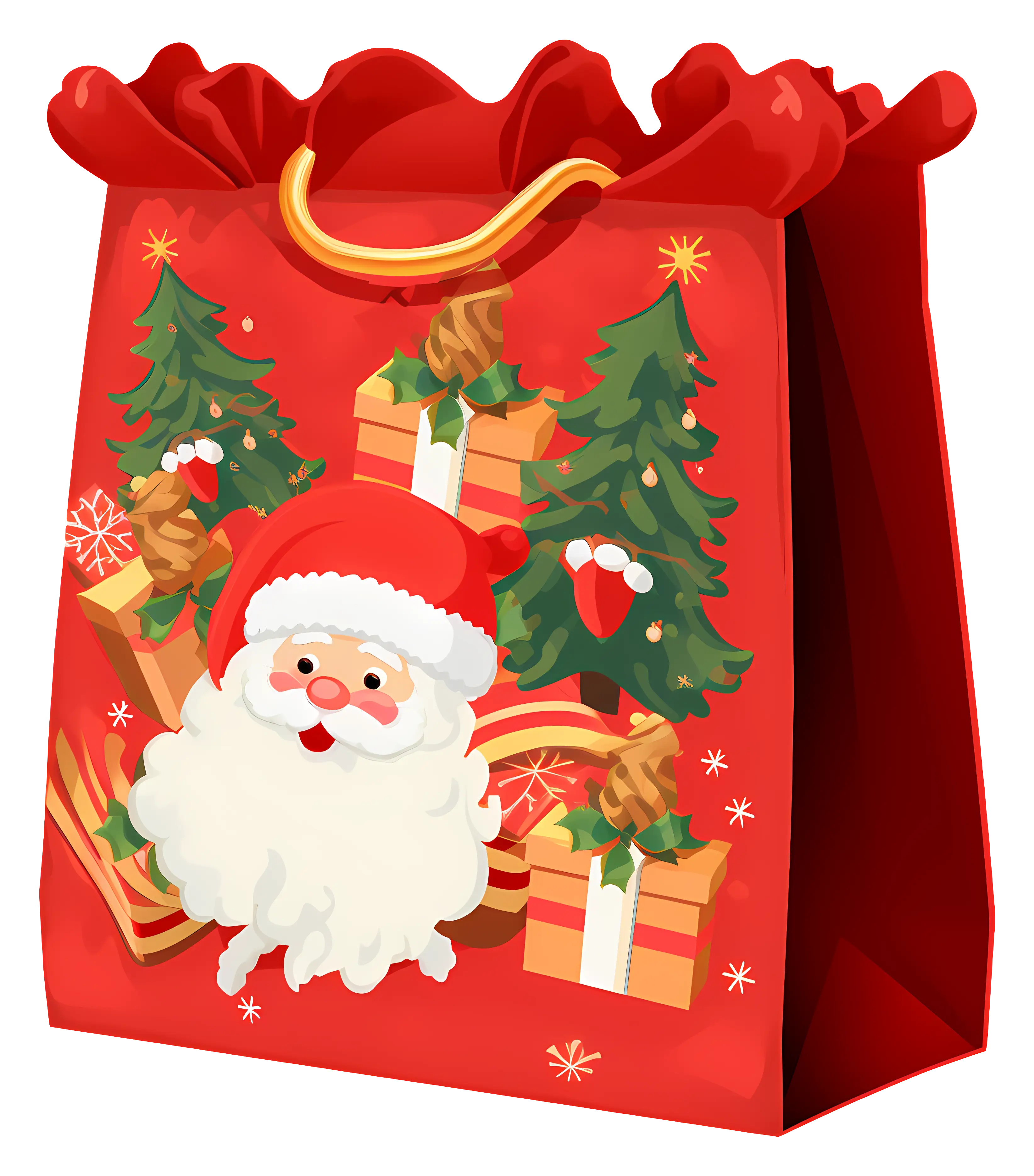 Red Santa Gift Bag with Presents and Christmas Trees