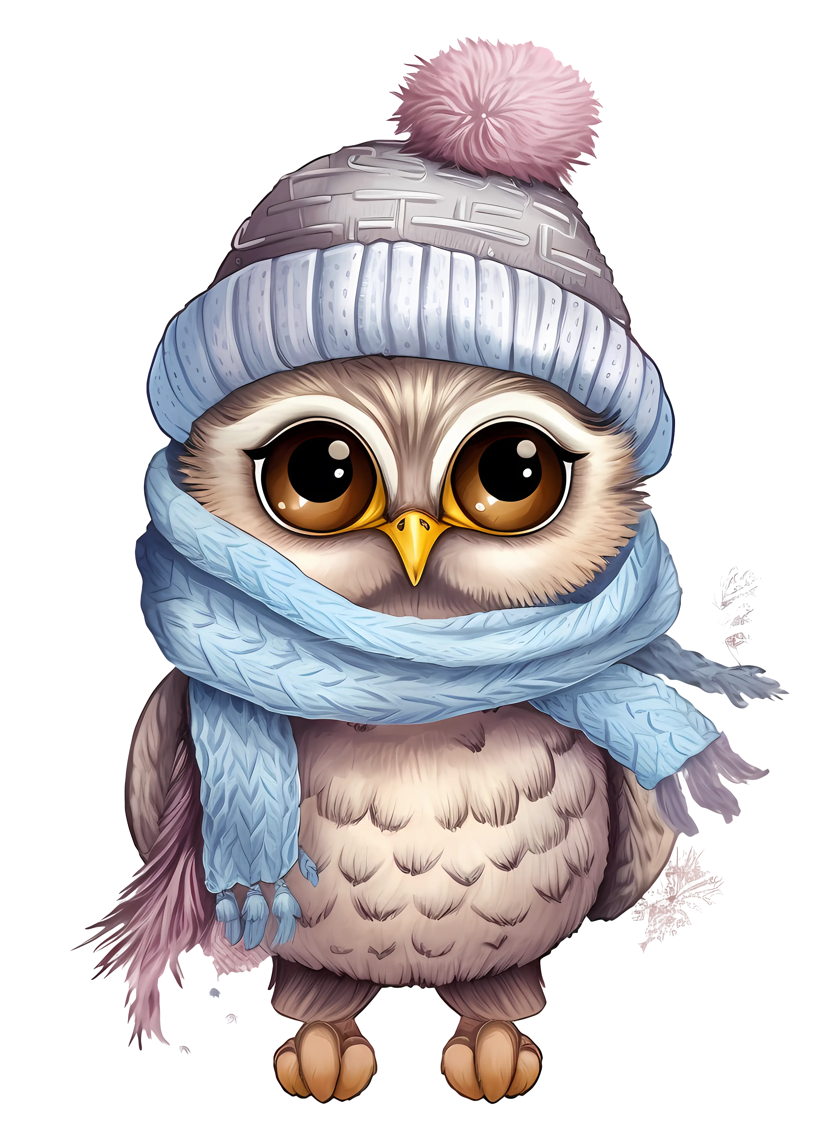 Cute Owl Wearing Winter Hat and Scarf