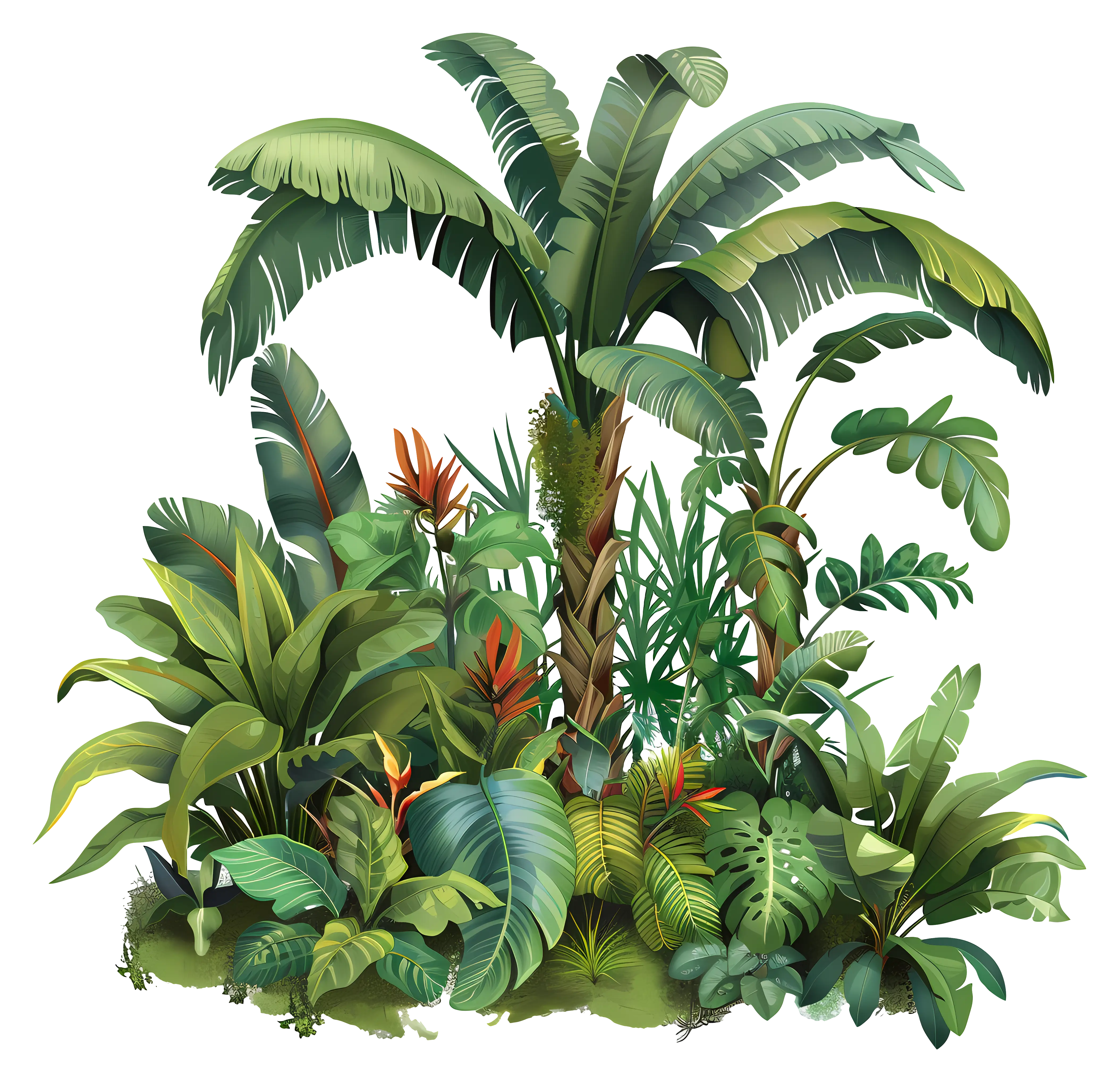 Jungle Scene with Banana Trees and Lush Foliage