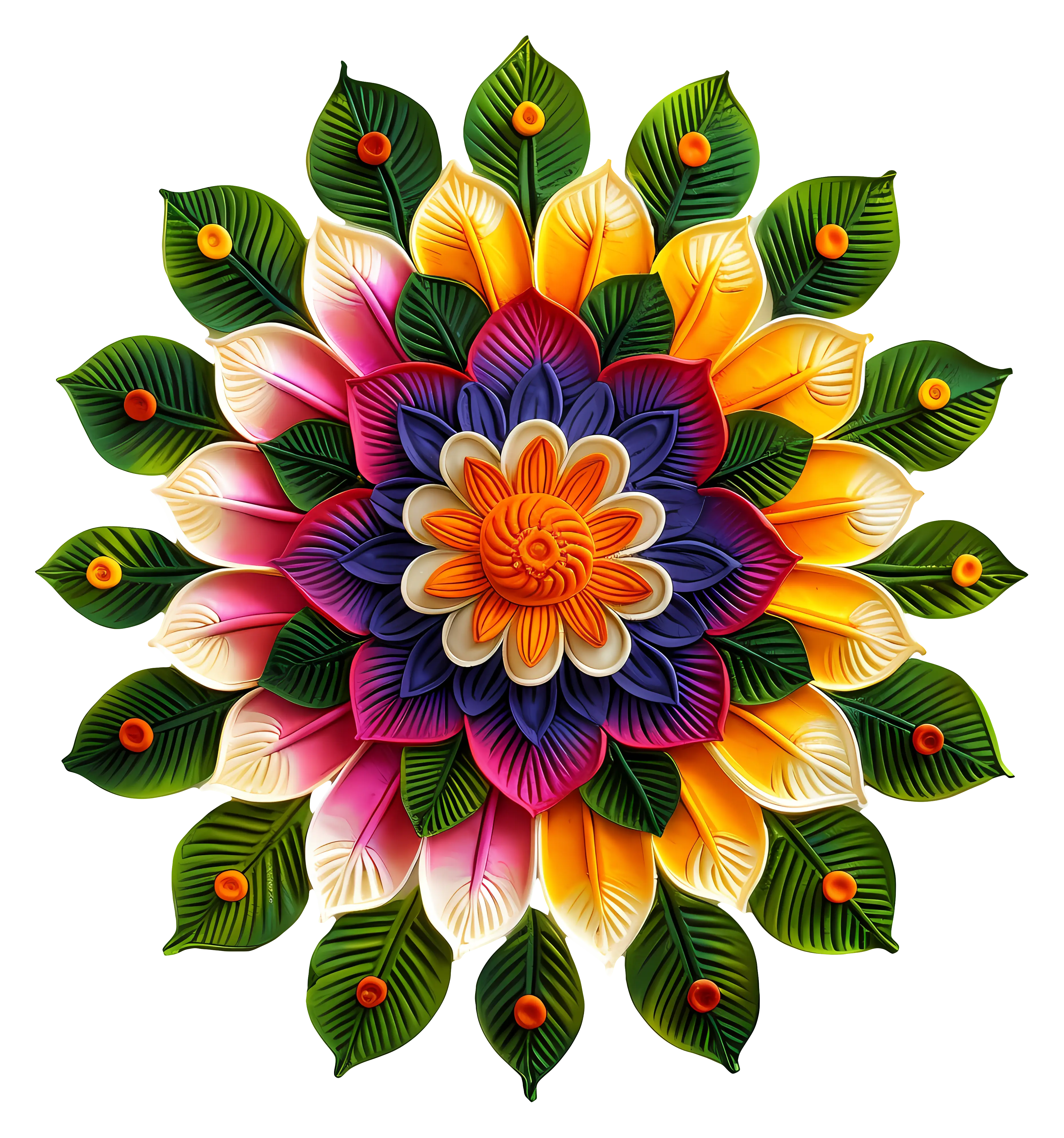 Colorful Mandala with Flowers and Leaves