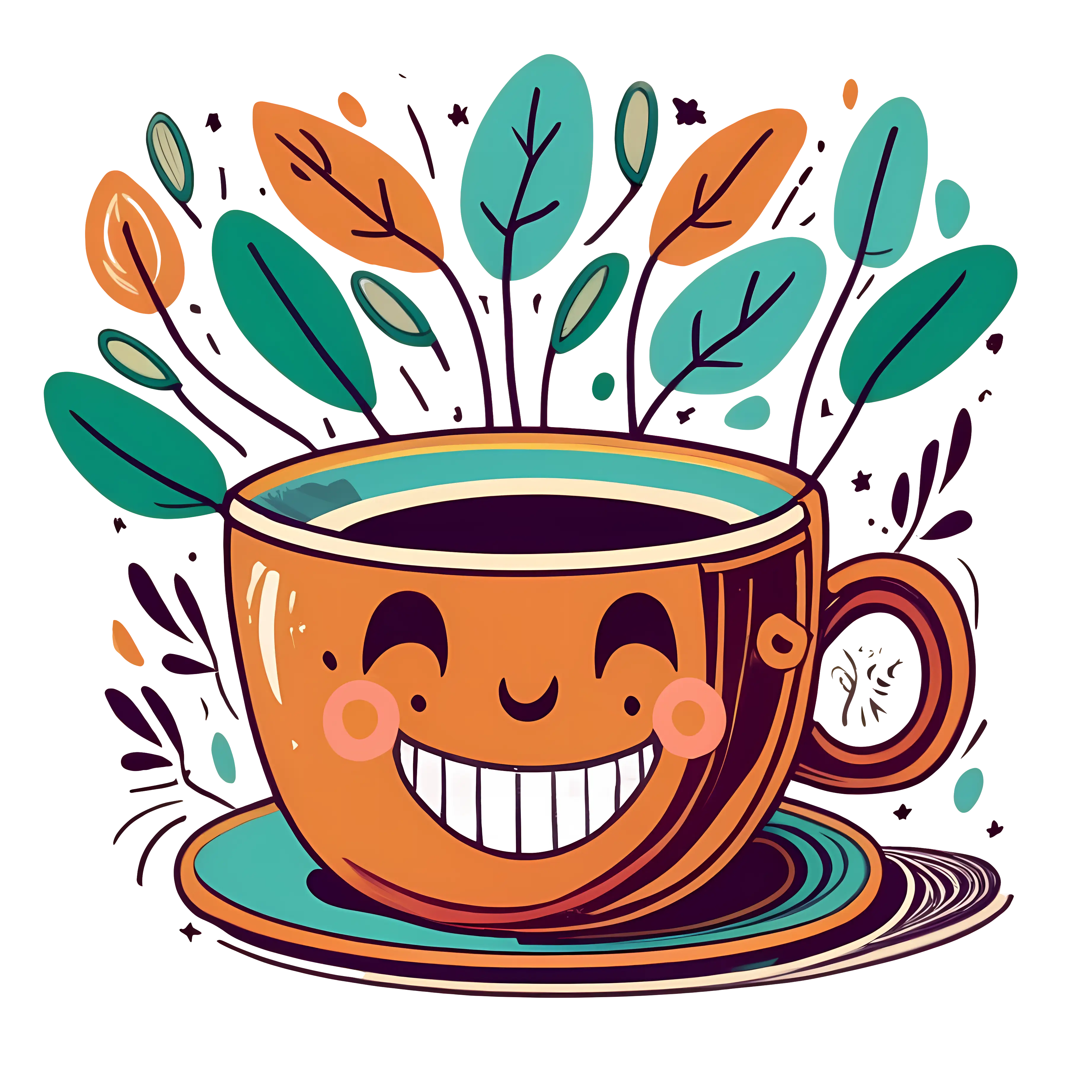 Smiling Coffee Cup with Leaves