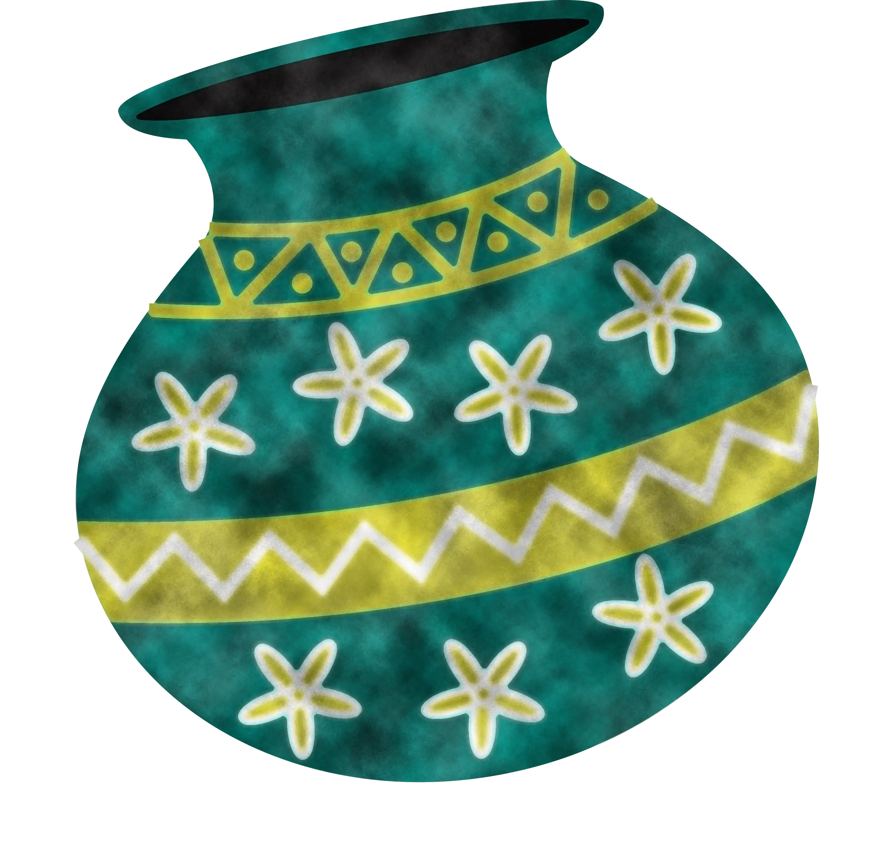 Green and Yellow Decorative Pot with Floral Patterns