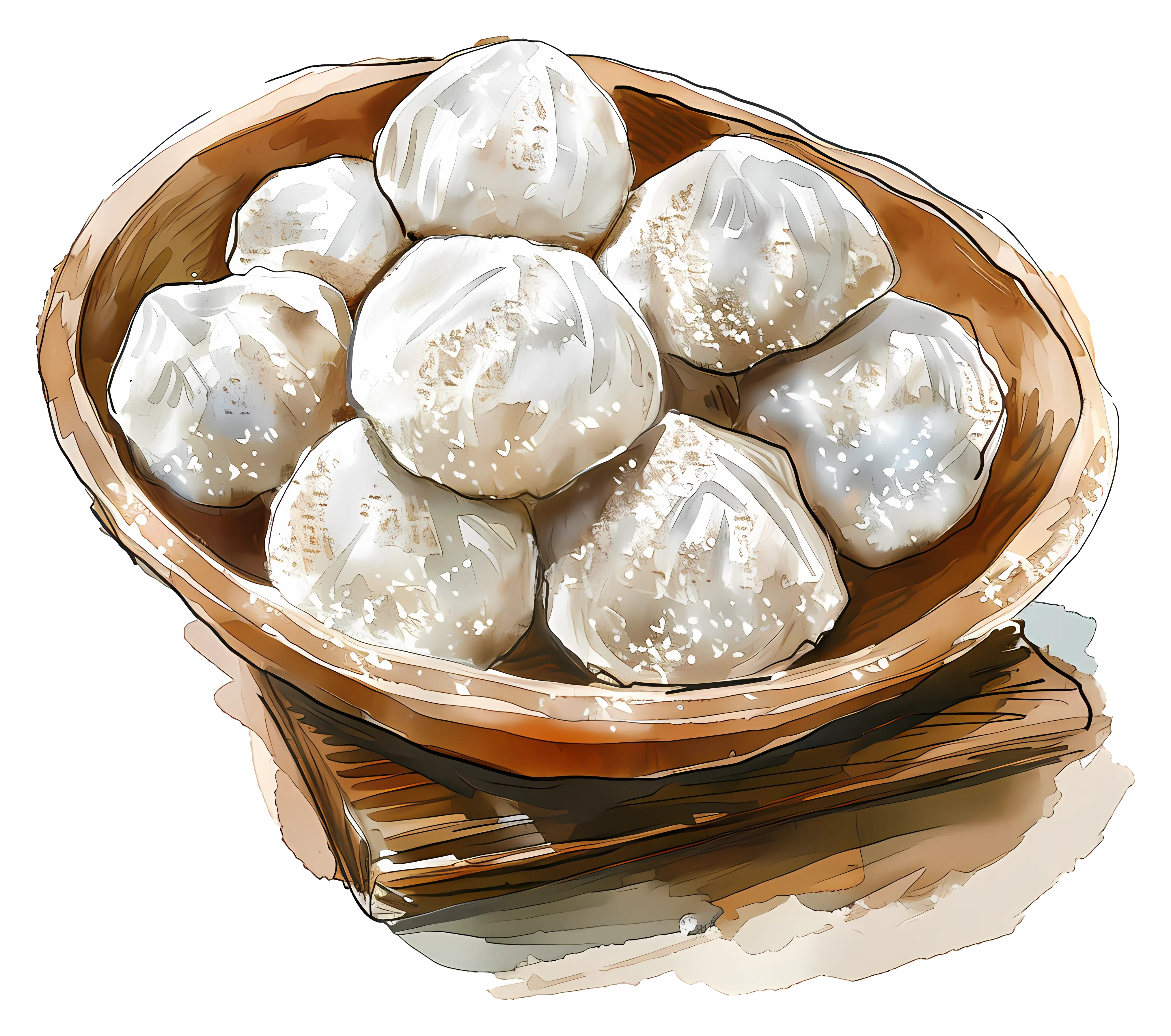 Steamed Dumplings in a Wooden Bowl