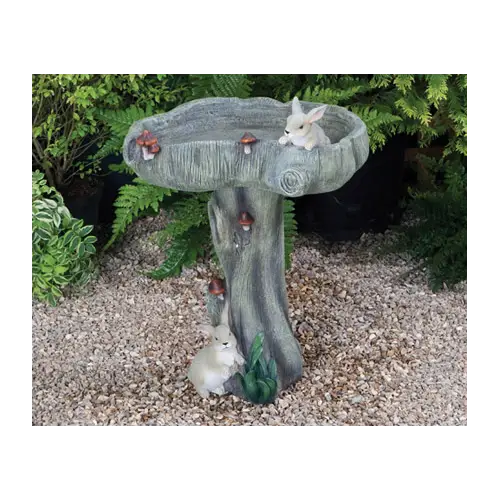 Decorative Bird Bath with Rabbits and Mushrooms
