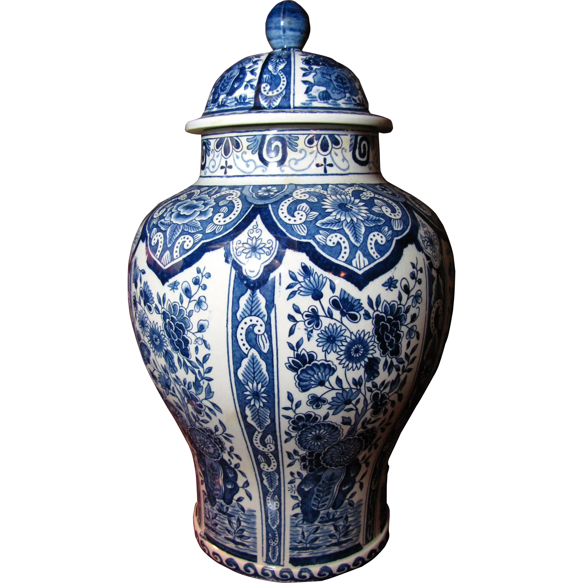 Blue and White Ceramic Vase with Floral Patterns