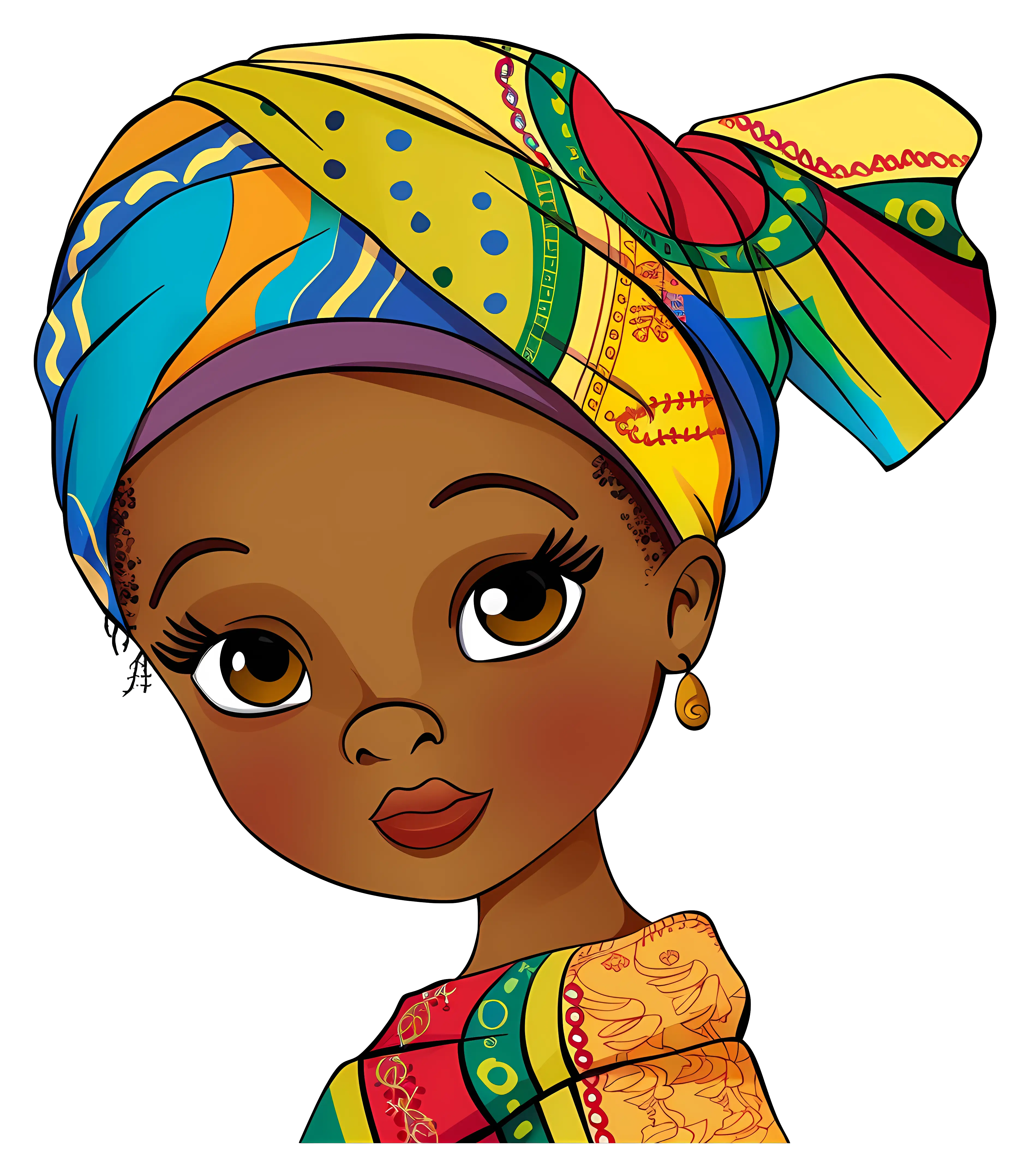 Illustrated Girl with a Colorful Traditional Head Wrap
