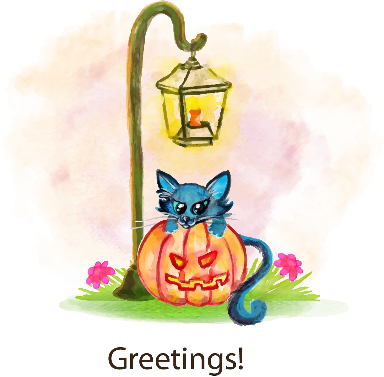 Halloween Greetings with Cat and Pumpkin