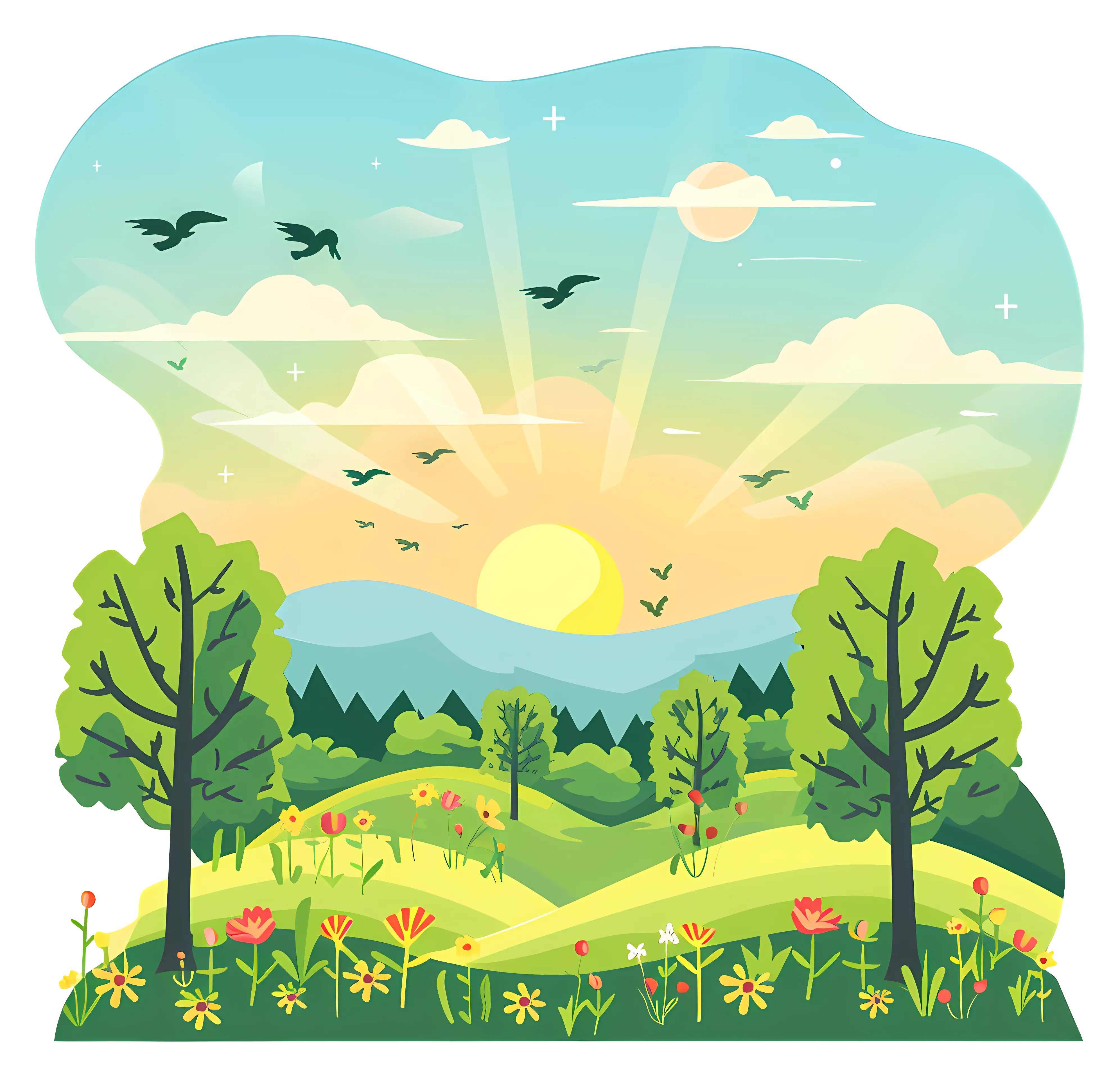 Illustration of Sunrise Over Green Fields