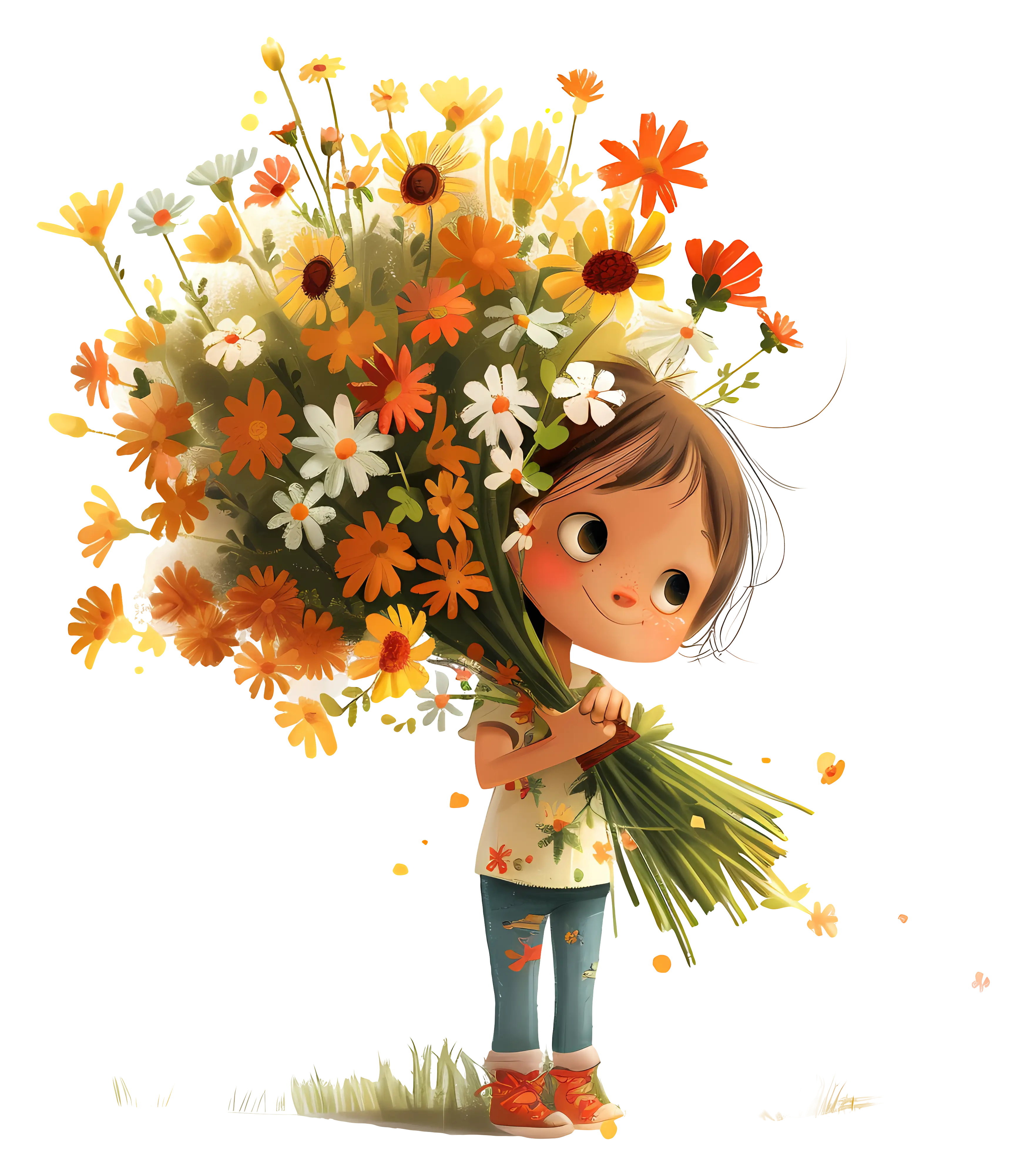Girl Holding a Large Flower Bouquet Illustration