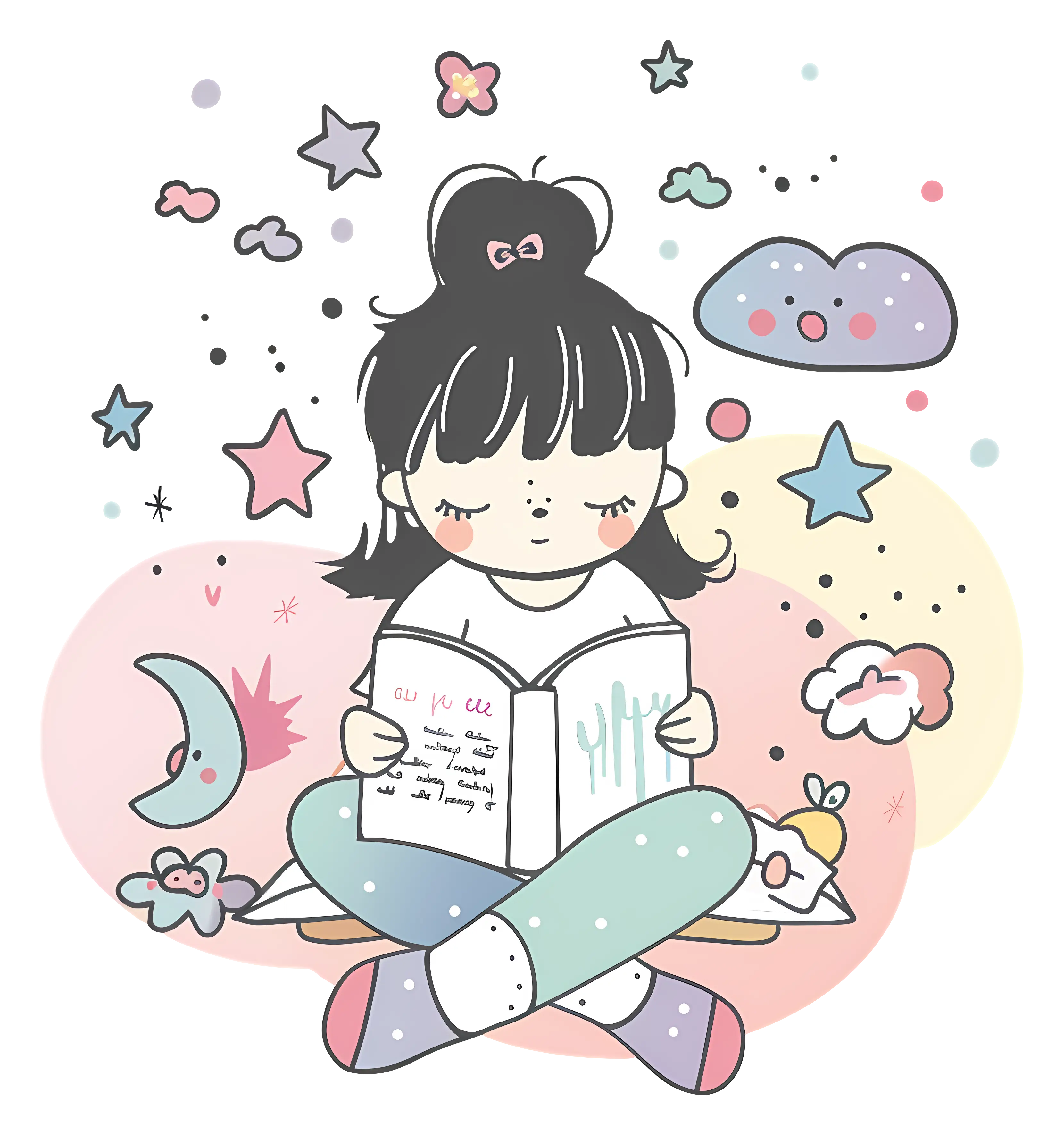 Cute Girl Reading a Book with Stars