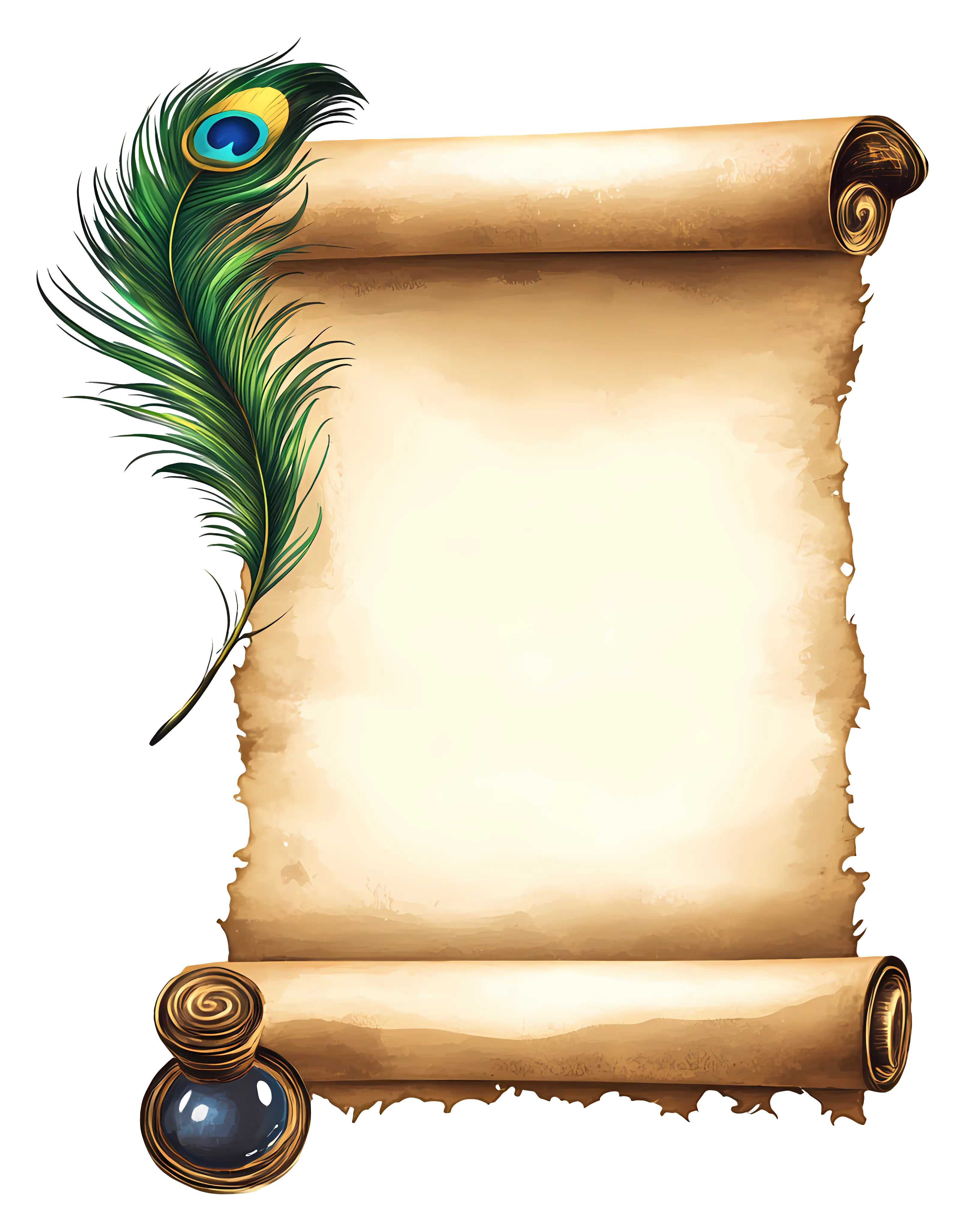 Scroll with Peacock Feather and Ink Bottle