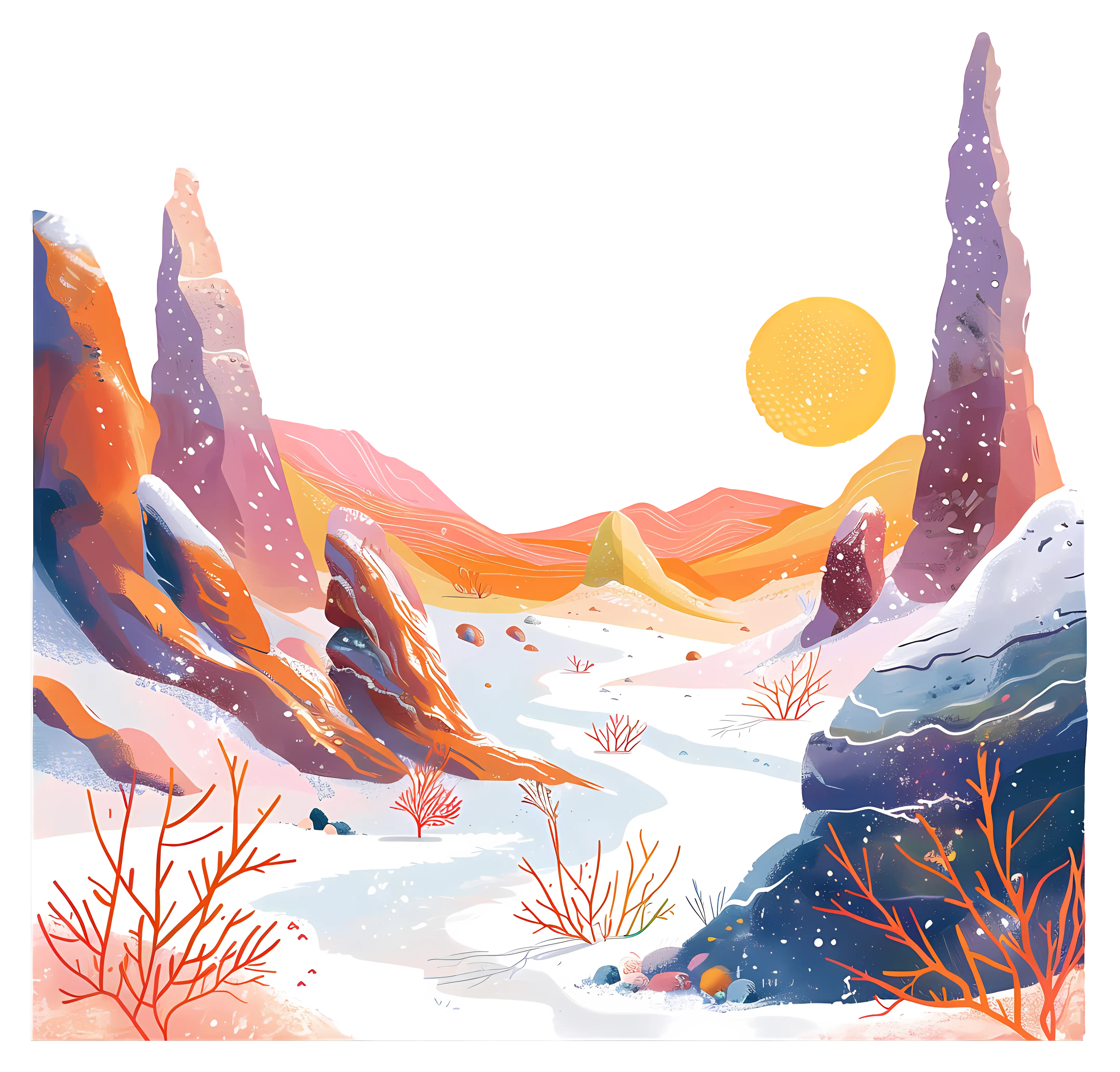 Snowy Landscape with Mountains and Sun