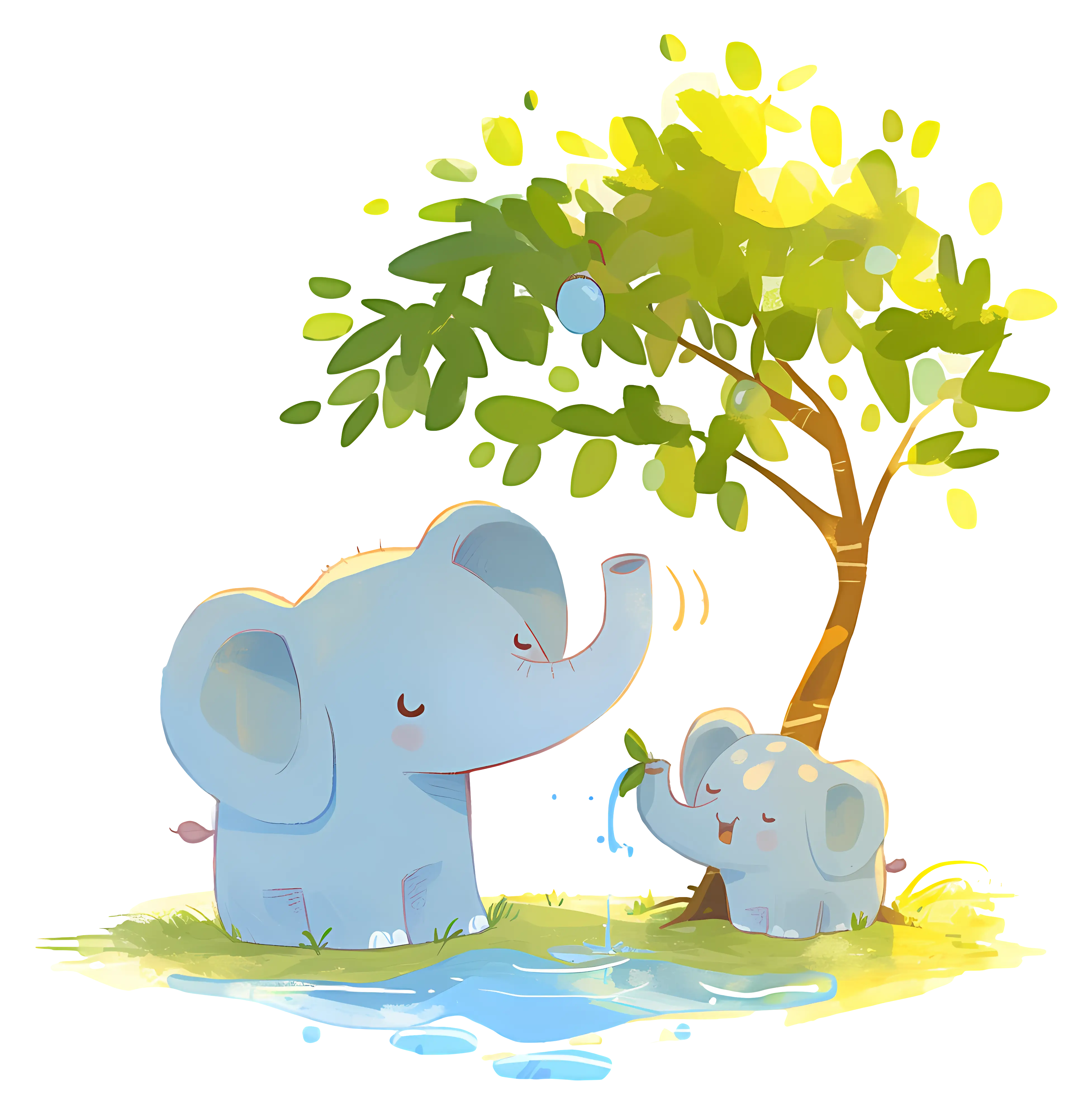 Elephants Playing by a Tree