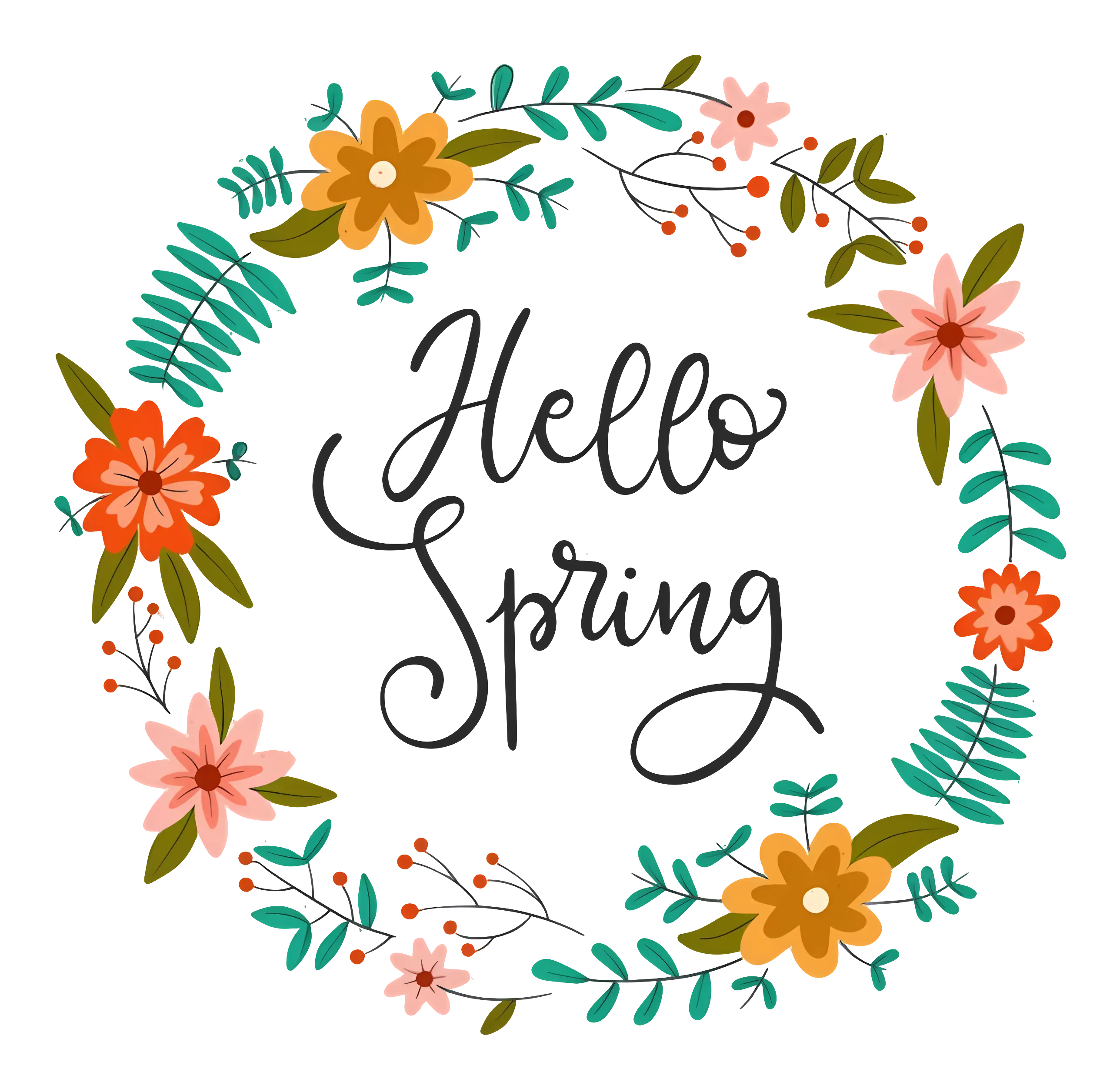 Hello Spring Floral Wreath Illustration
