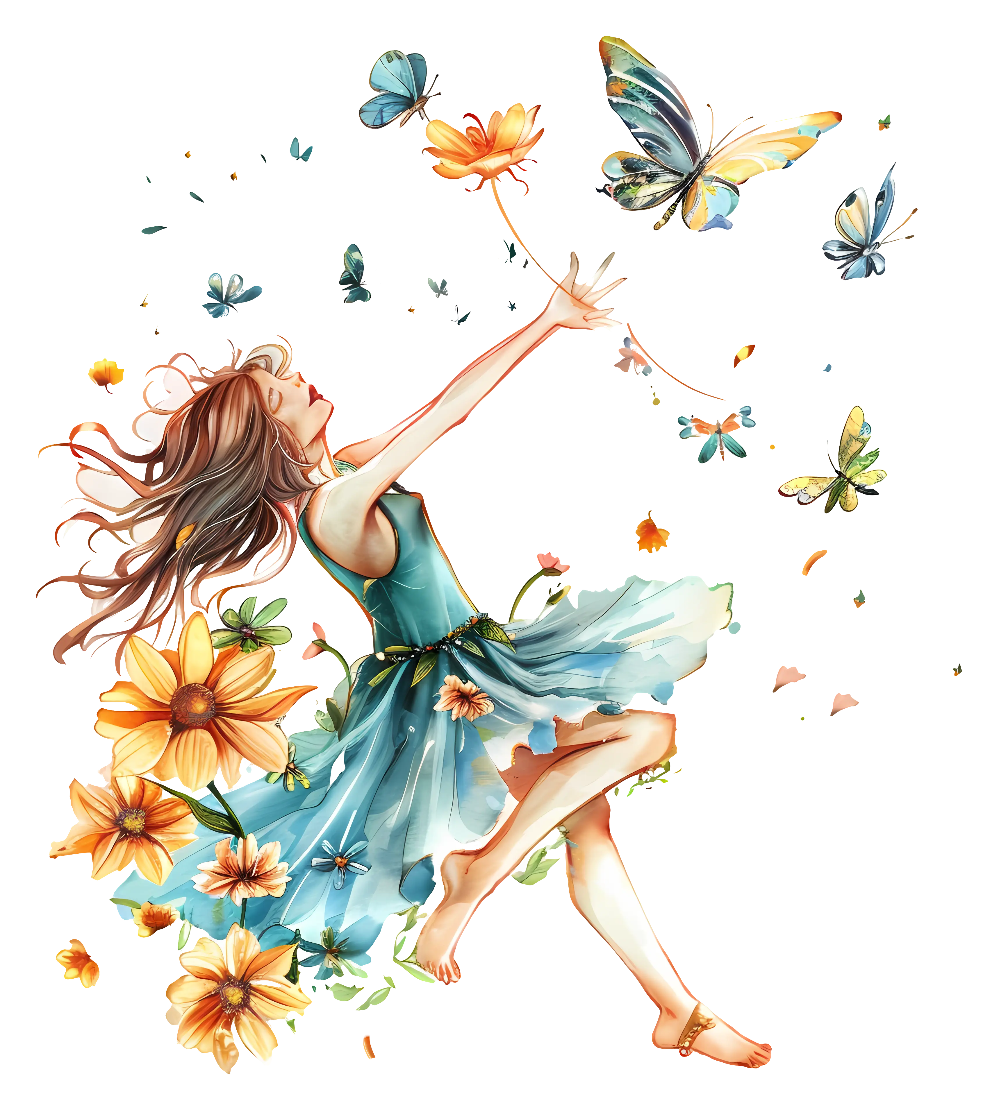 Girl with Butterflies and Flower Design Illustration
