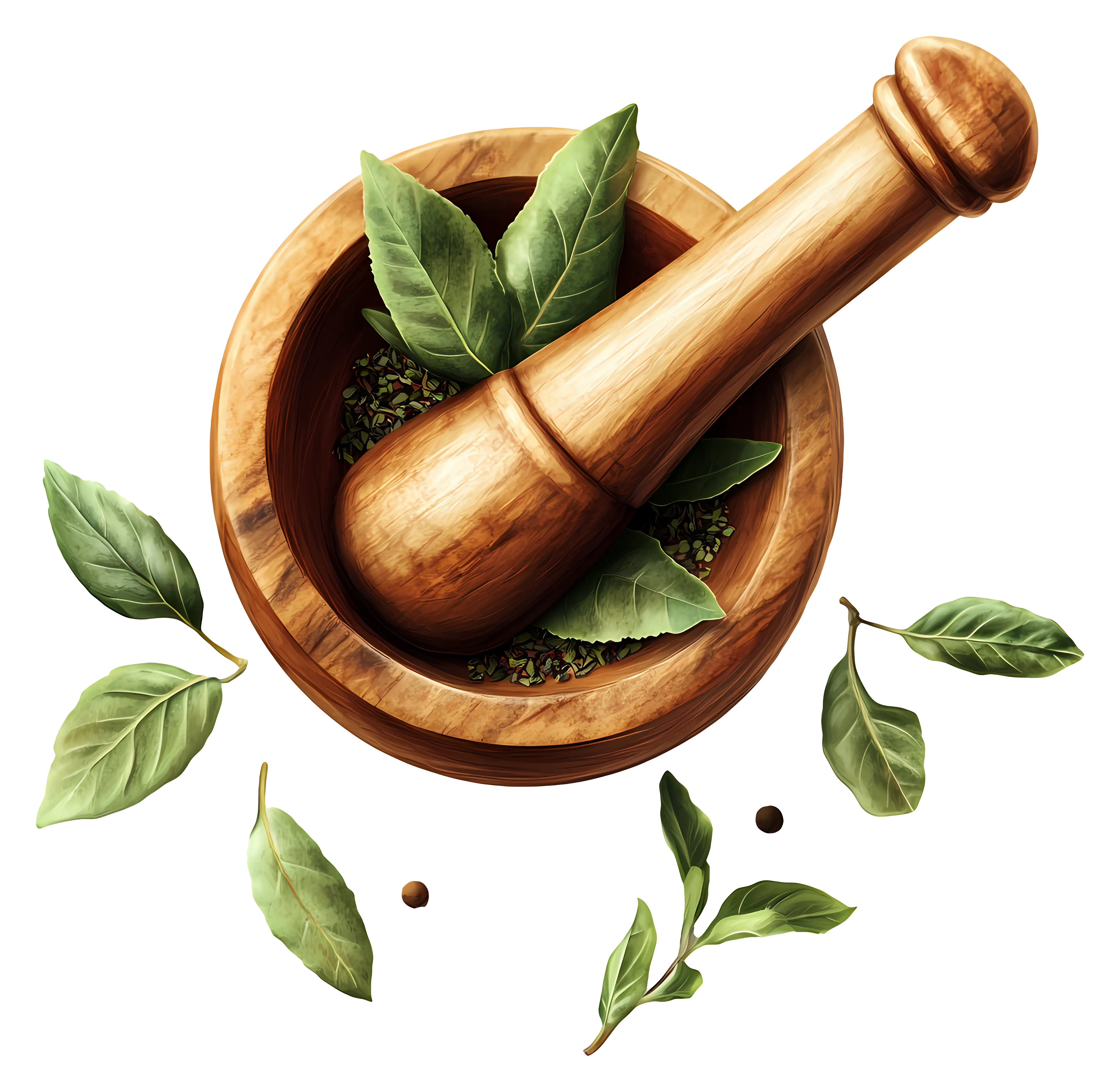 Traditional Wooden Mortar &amp; Pestle with Fresh Basil Leaves