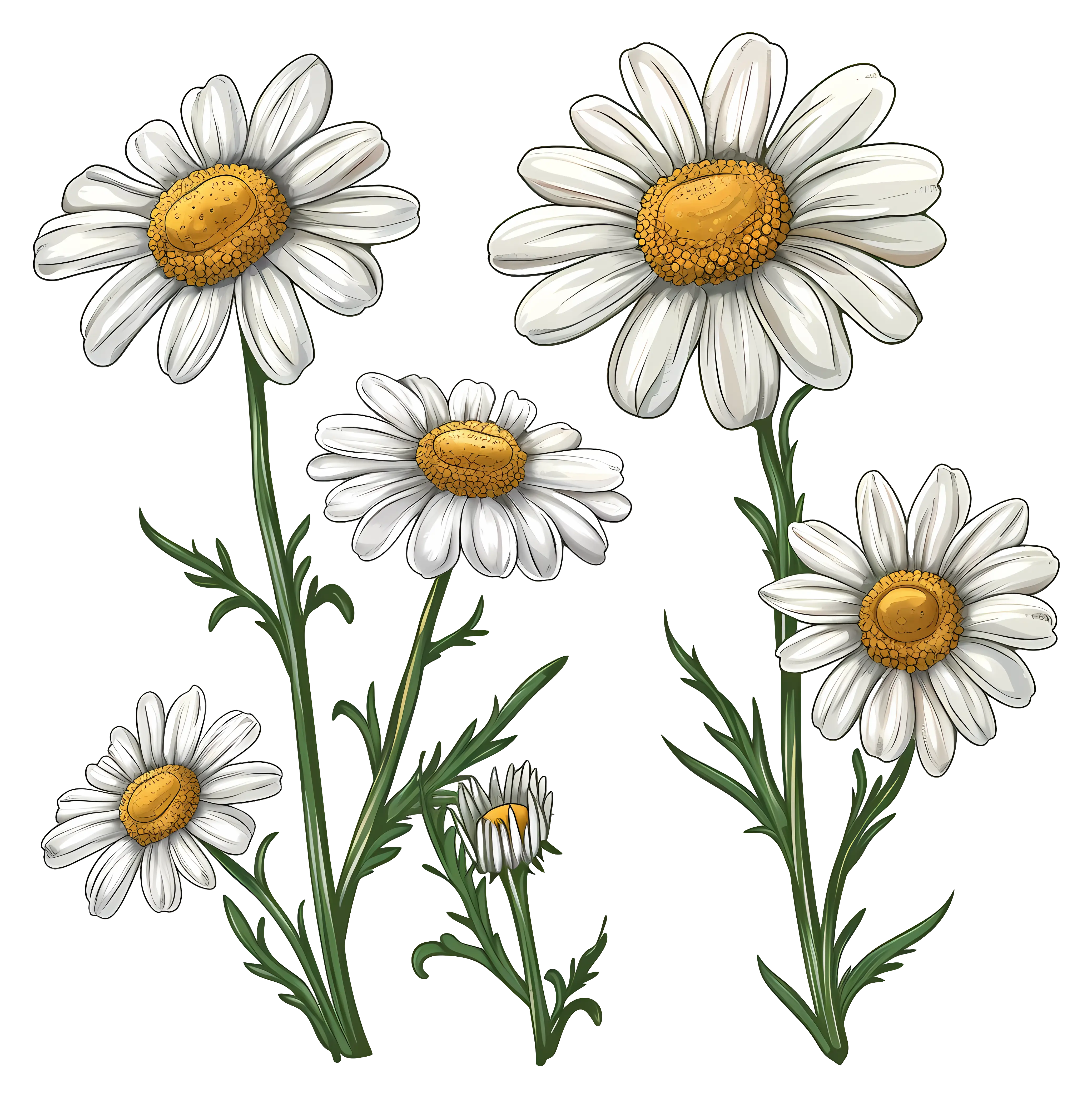 White Daisy Flowers with Yellow Centers in Botanical Illustration
