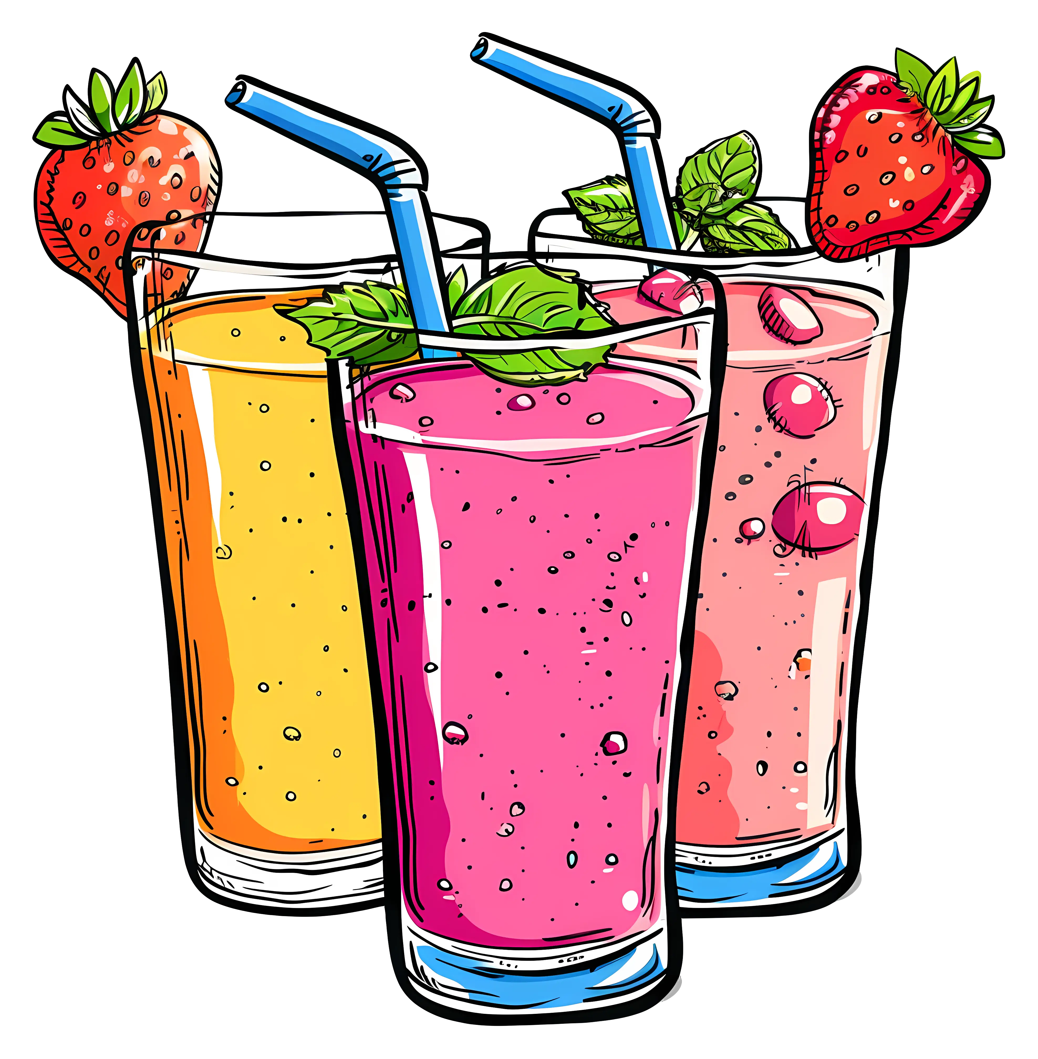Illustration of Colorful Fruit Drinks with Strawberries