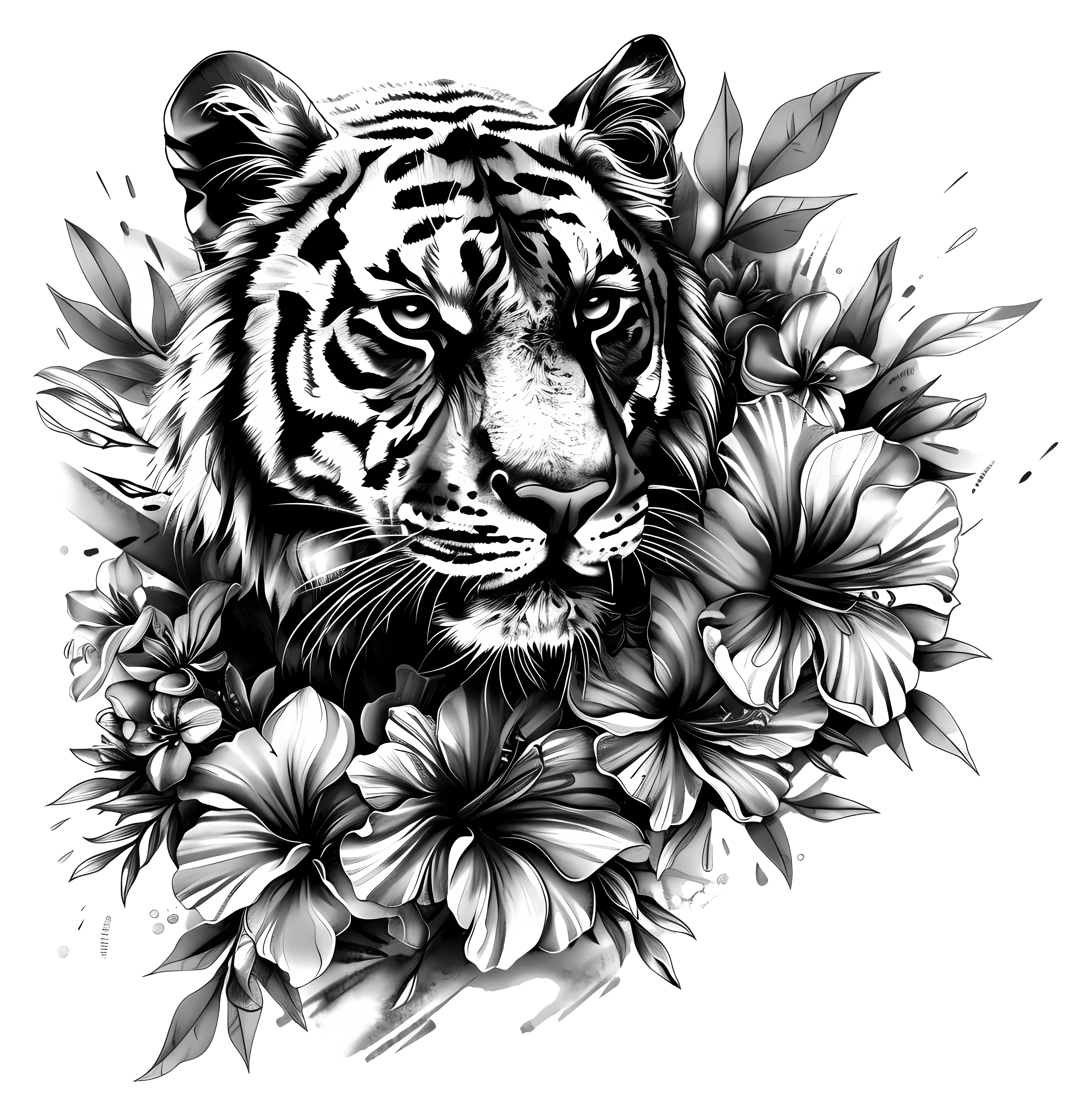 Black and White Tiger with Flowers