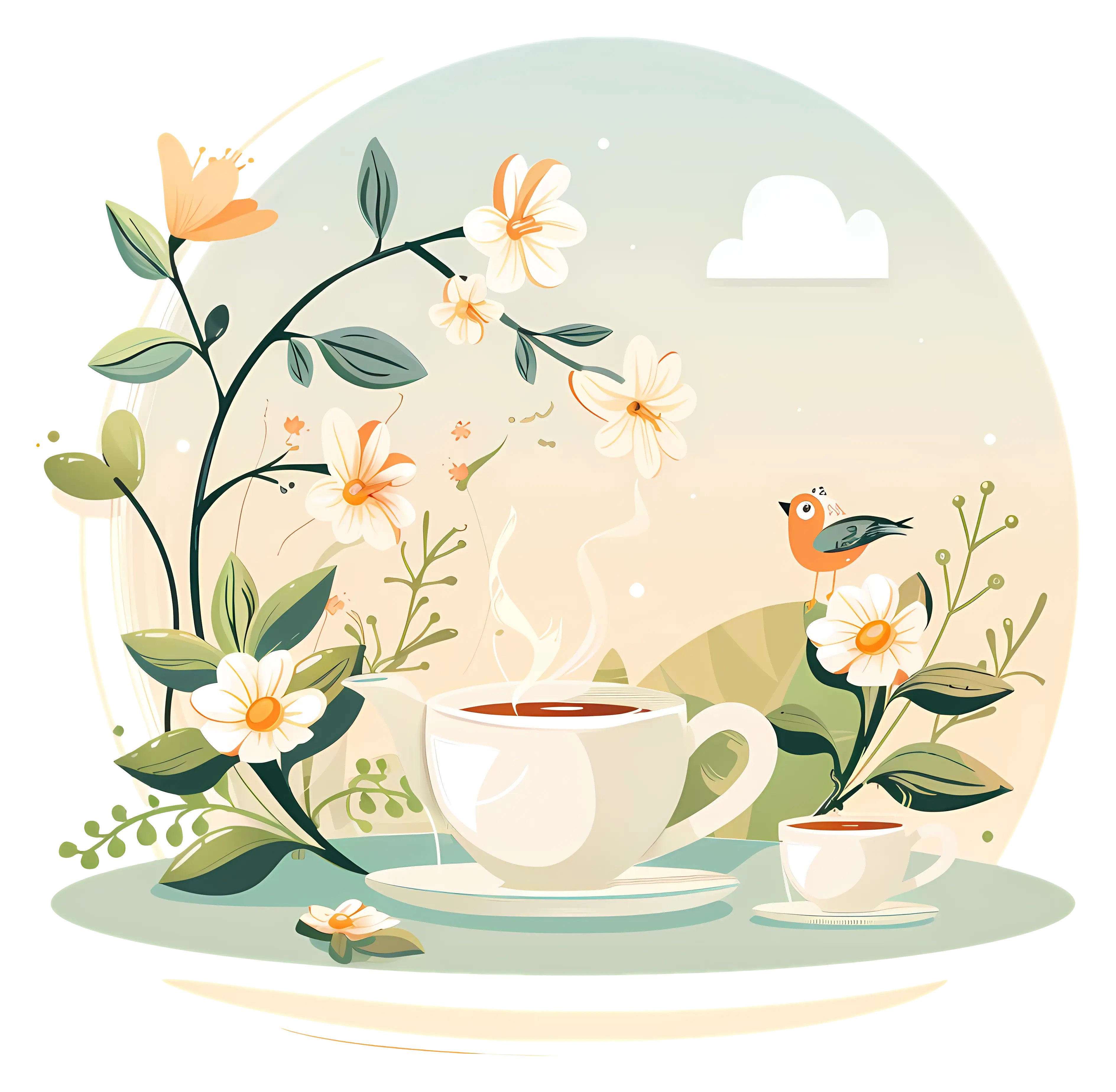 Beautiful Tea Cup and Flowers in a Nature Setting Illustration