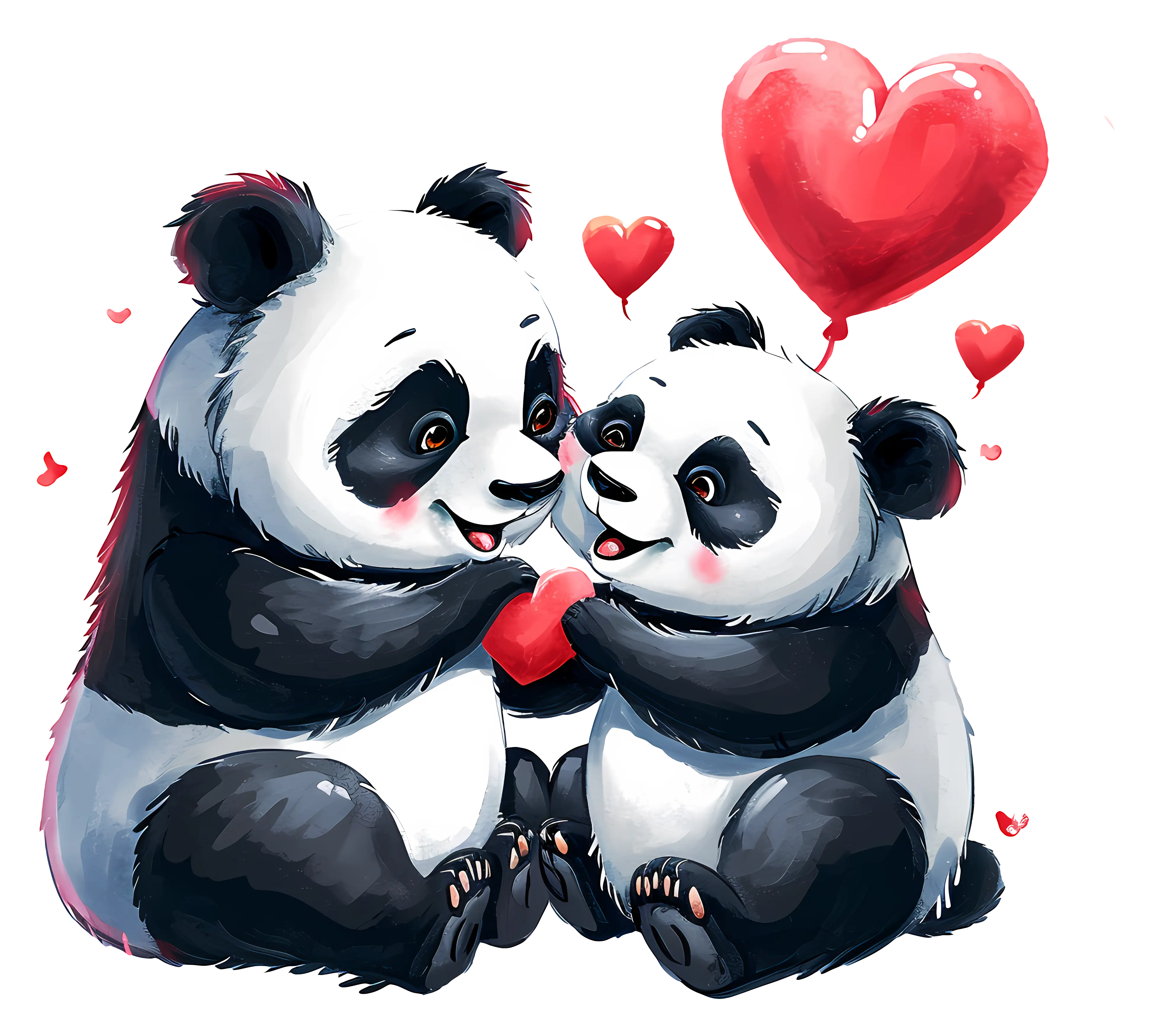 Two Panda Bears Holding Heart Balloon Illustration