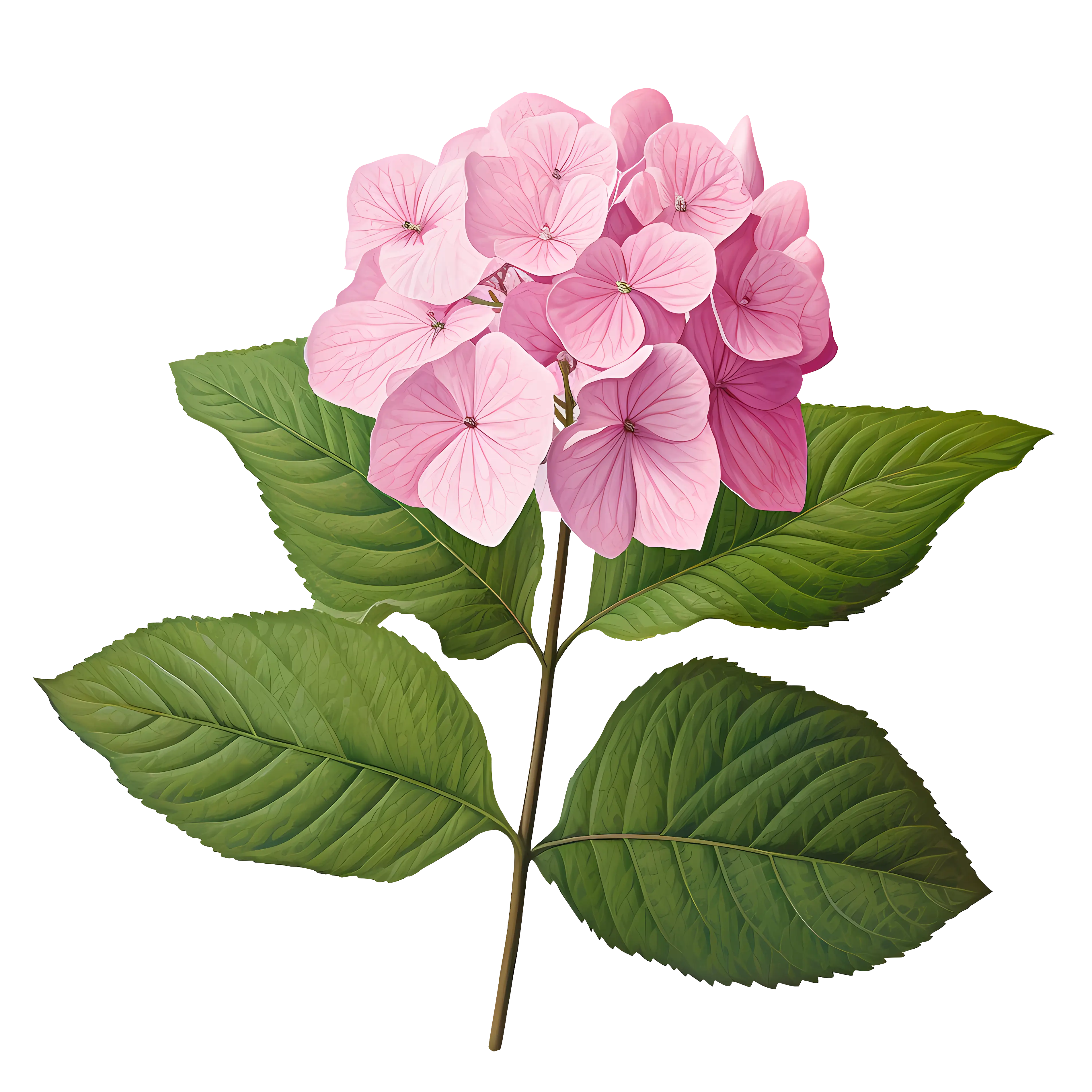 Pink Hydrangea Flower with Green Leaves