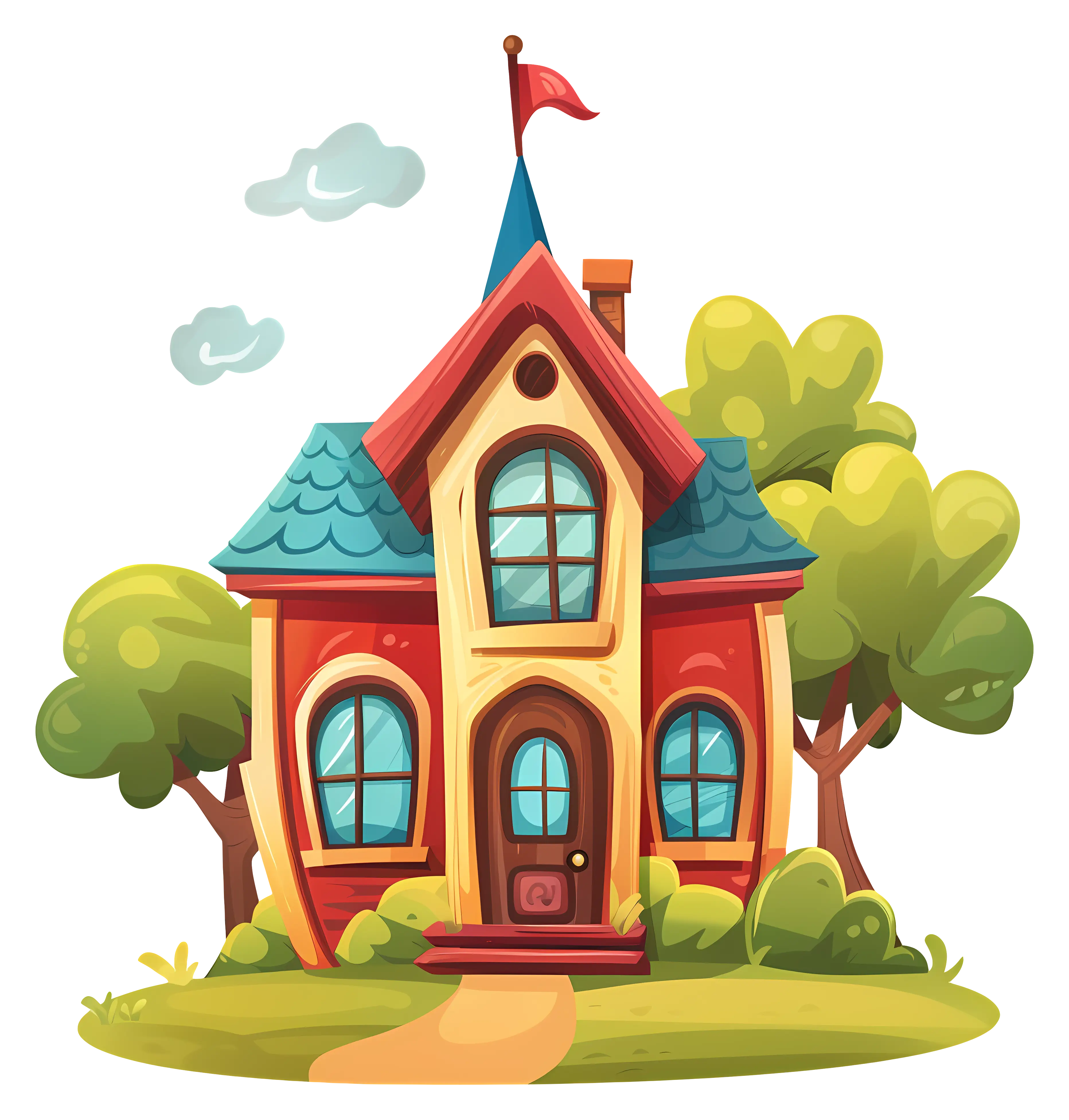 Colorful Cartoon House with a Flag
