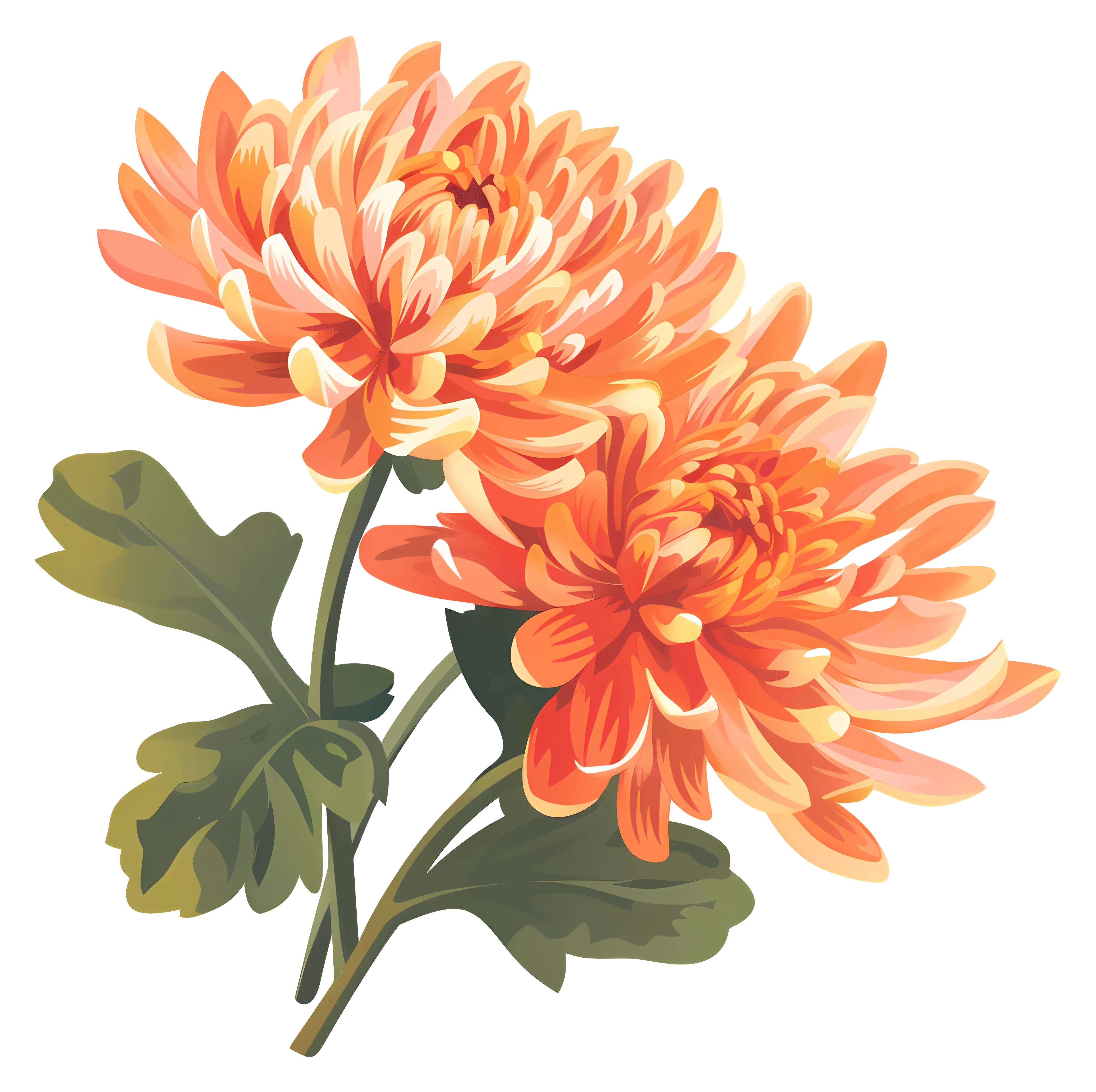 Orange Chrysanthemum Flowers with Green Leaves
