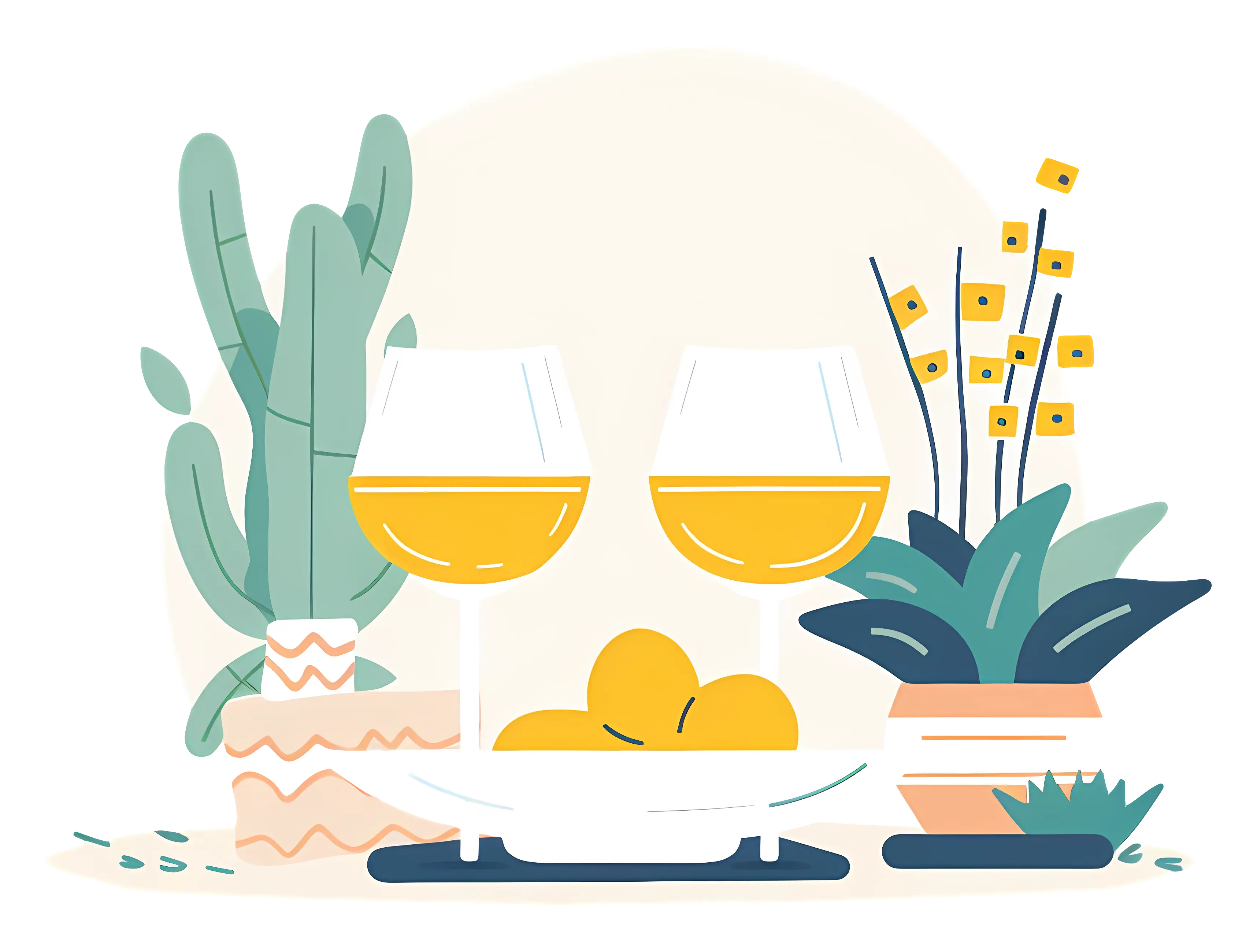Wine Glasses and Lemons with Plants Illustration