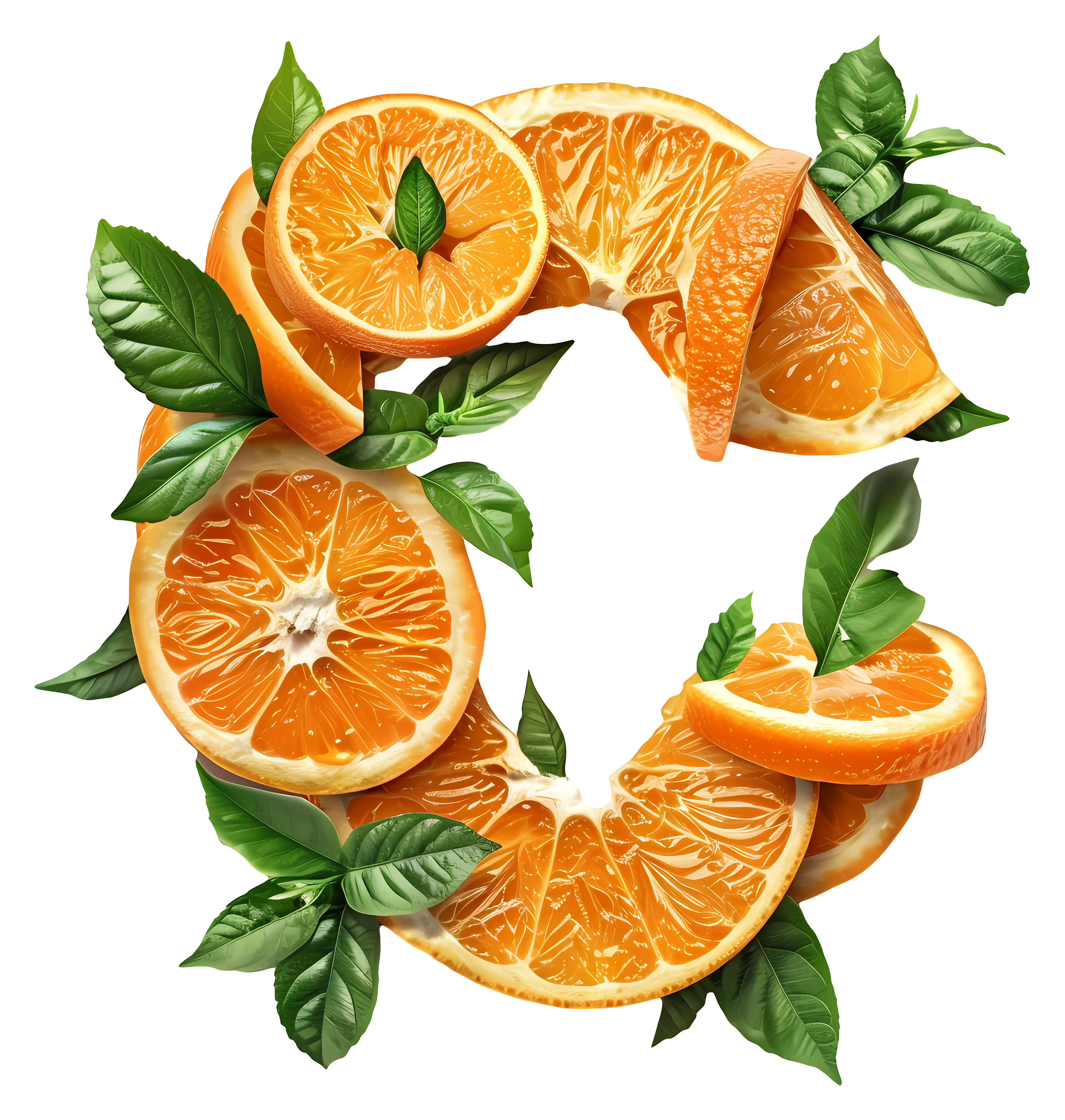 Orange Slices in C Shape with Leaves