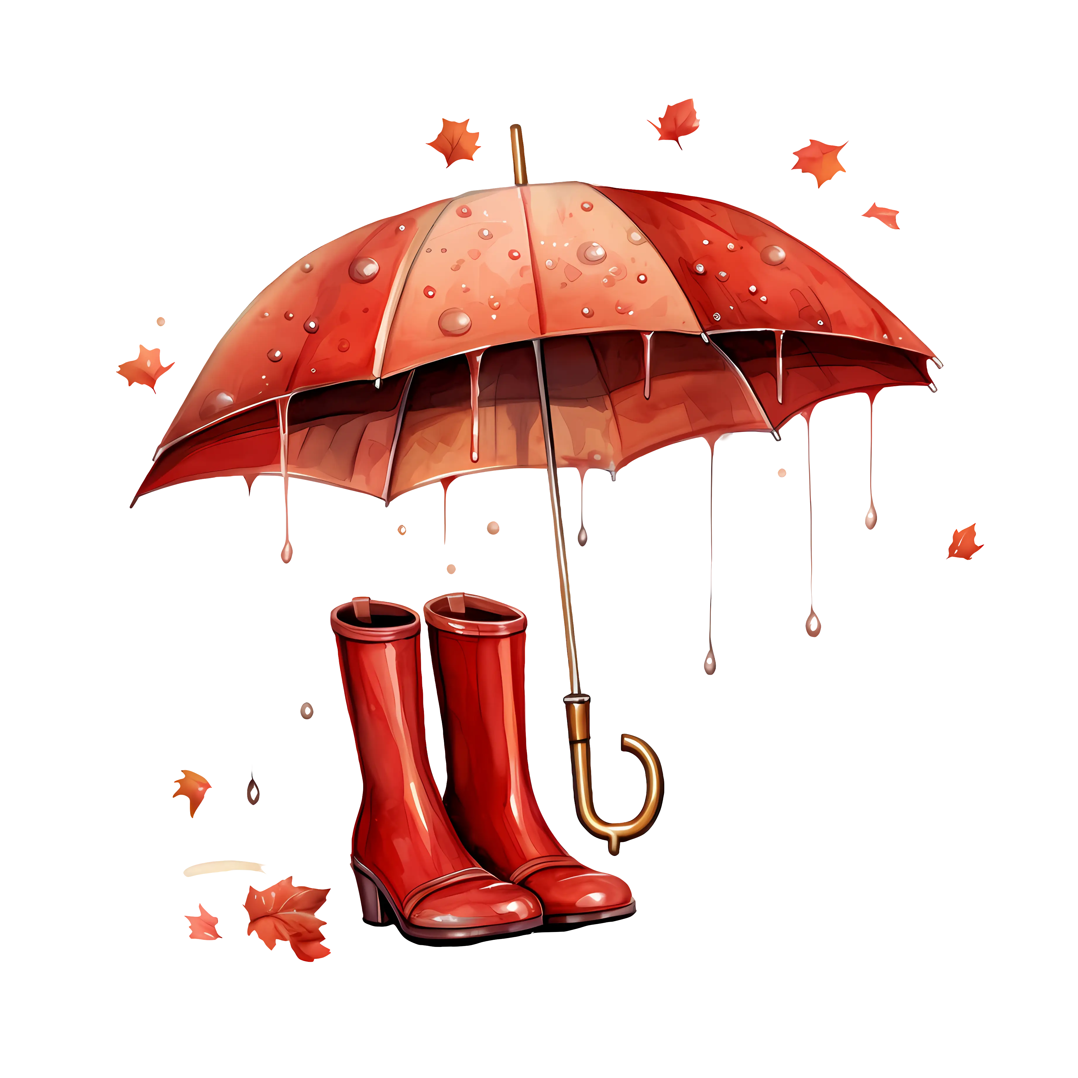 Rainy Day Umbrella and Boots with Autumn Leaves