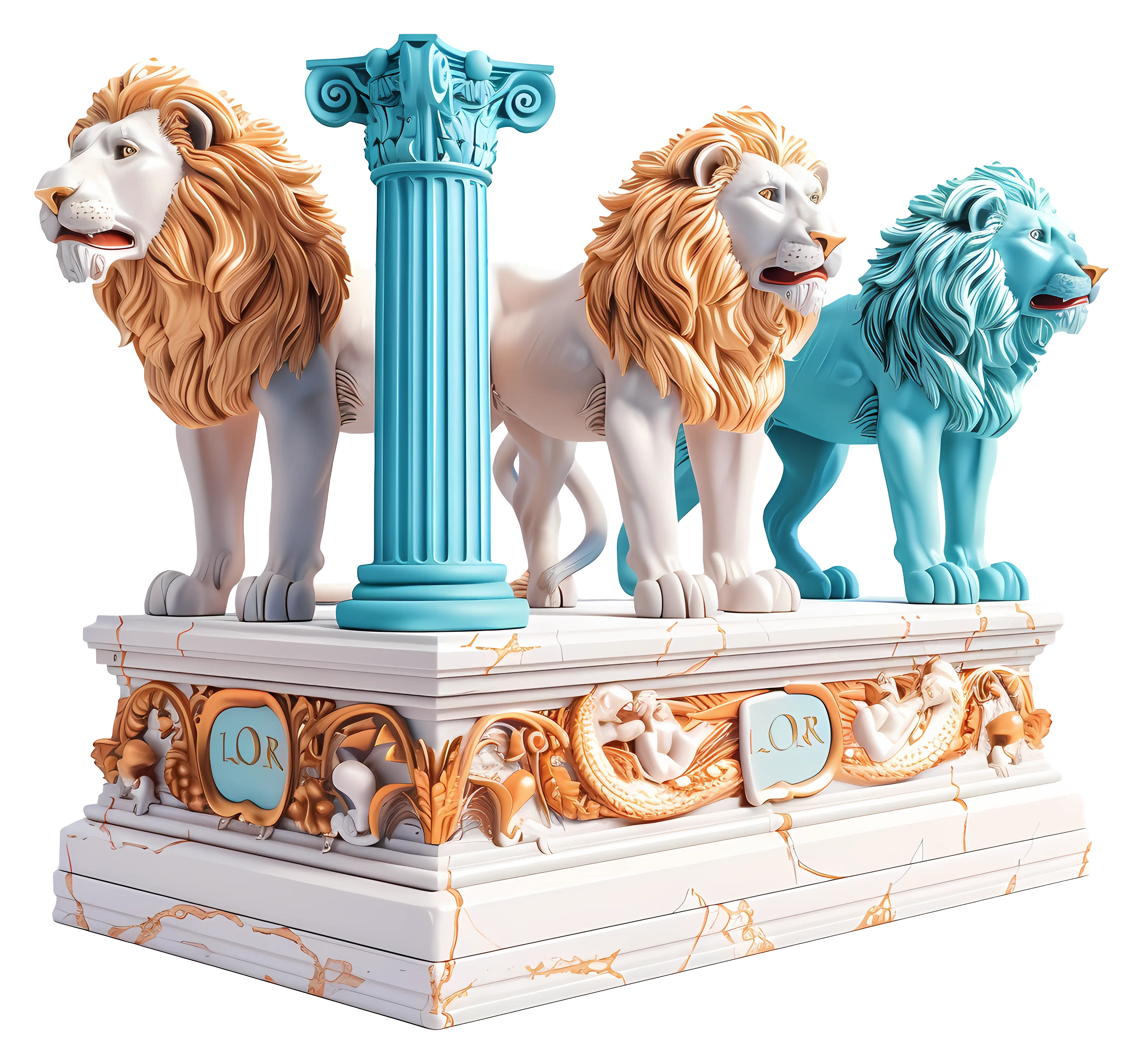 Colorful Lion Statues on Ornate Base