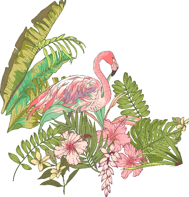 Tropical Flamingo with Leaves and Flowers