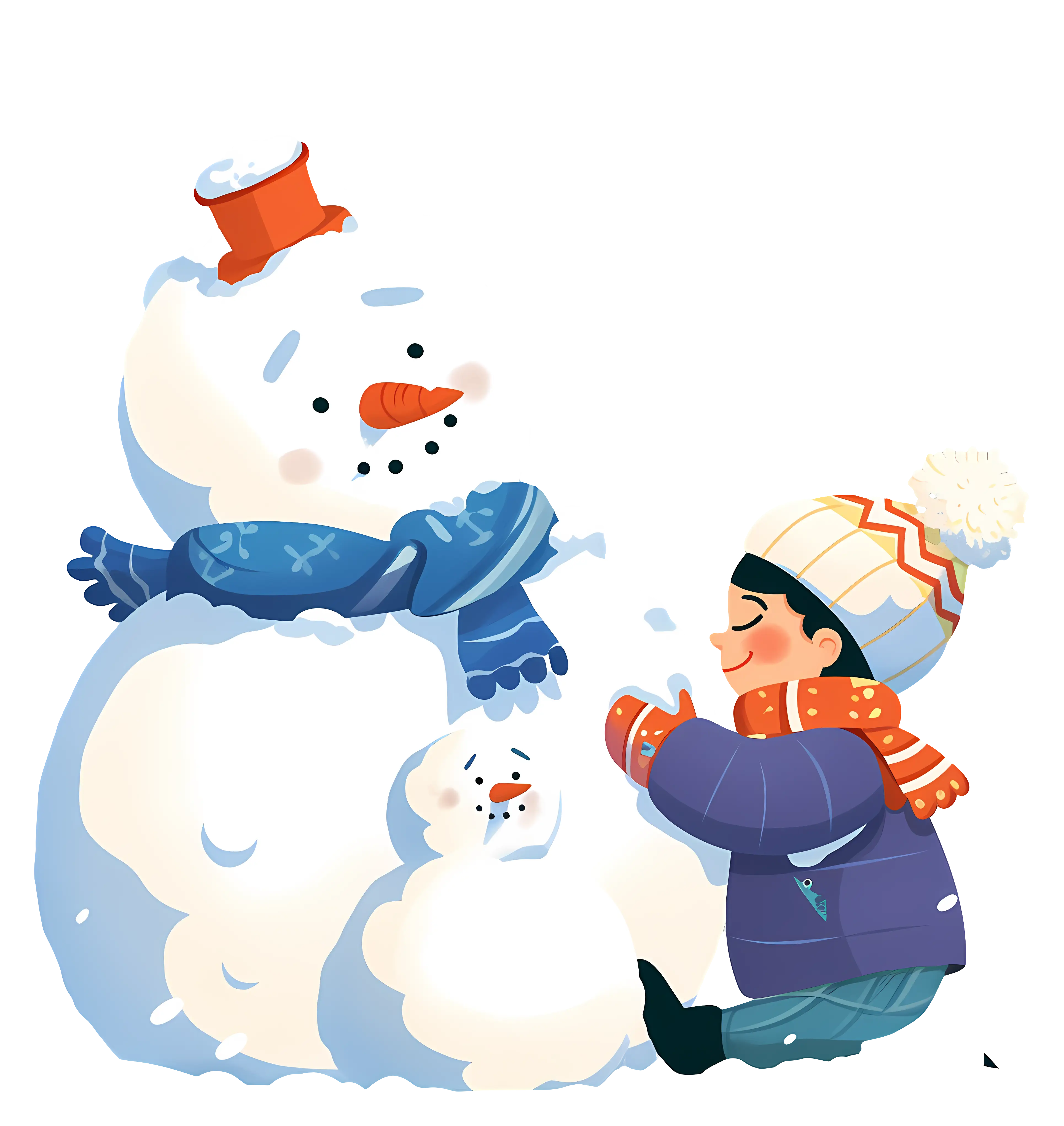 Boy Enjoying Snowman Building in Winter