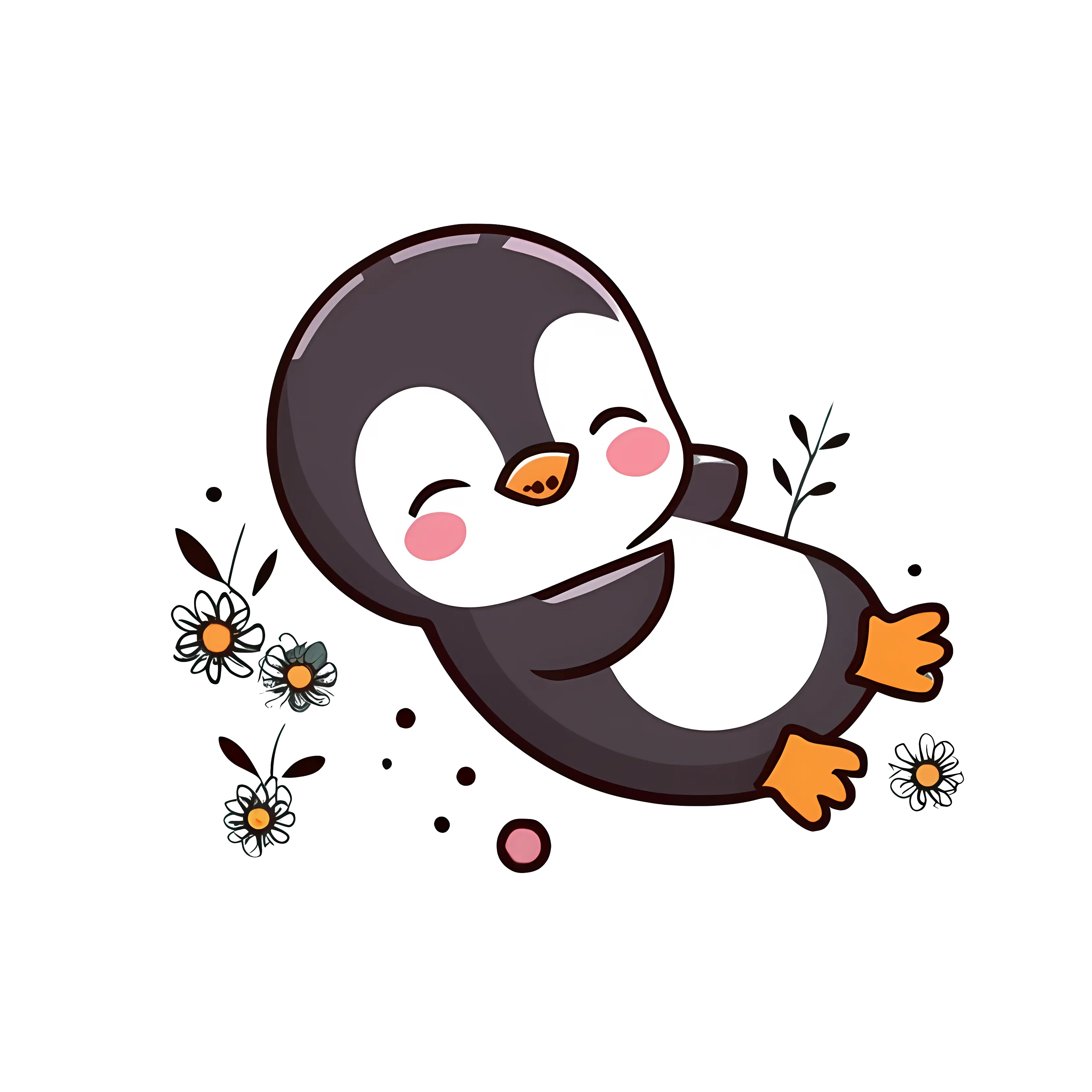Cute Cartoon Penguin with Flowers