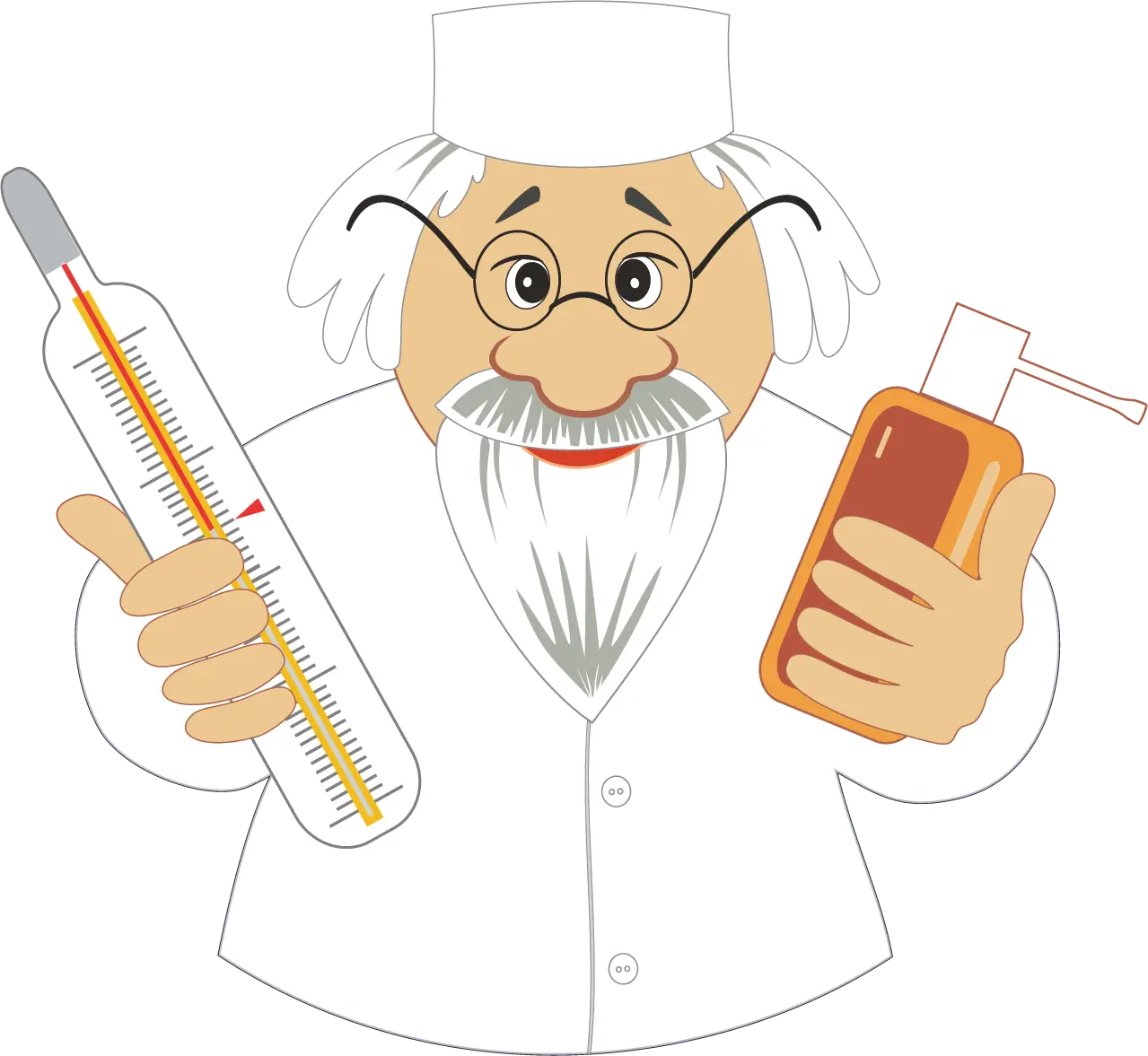 Cartoon Doctor with Thermometer and Medicine