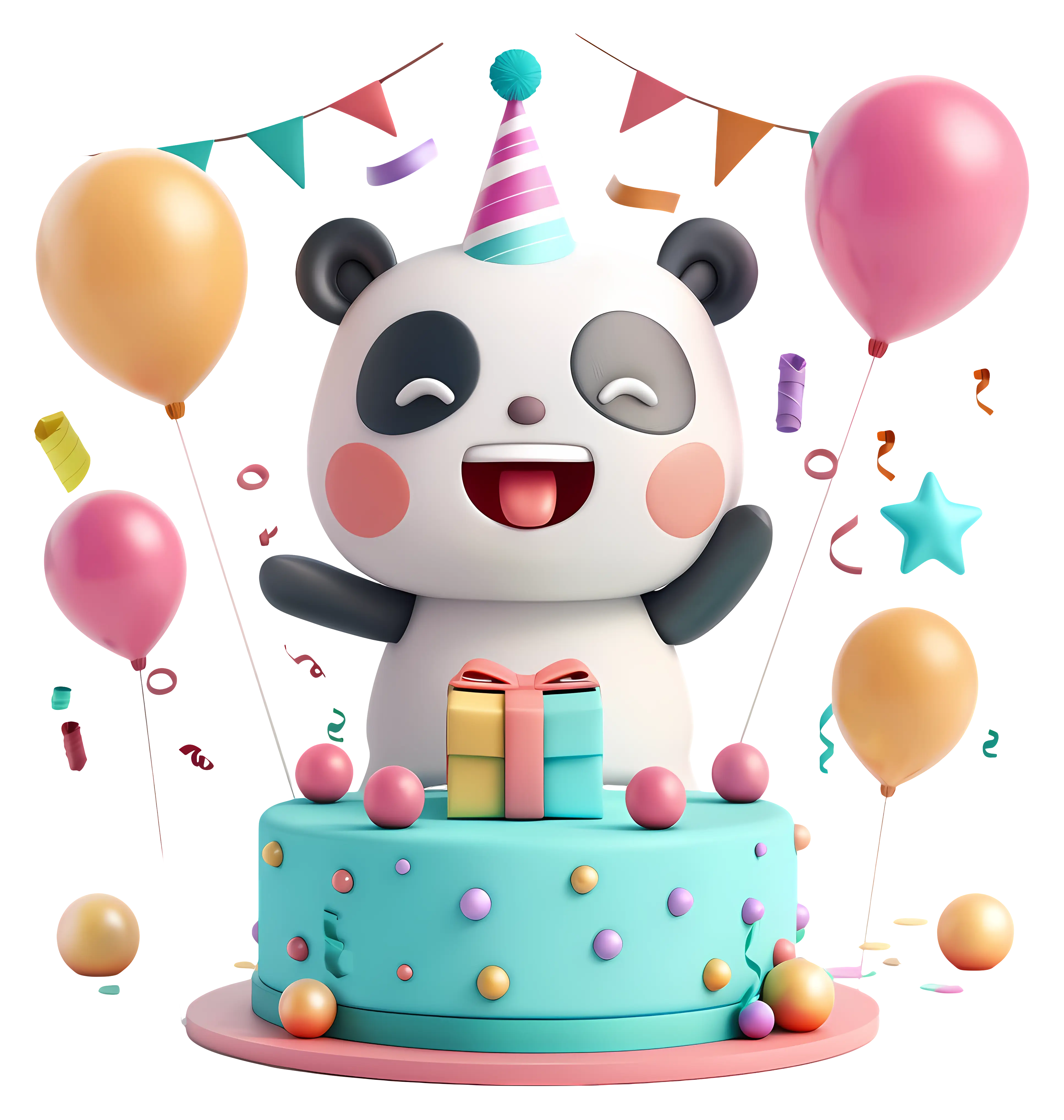 Smiling Panda Celebrating Birthday with Cake and Balloons