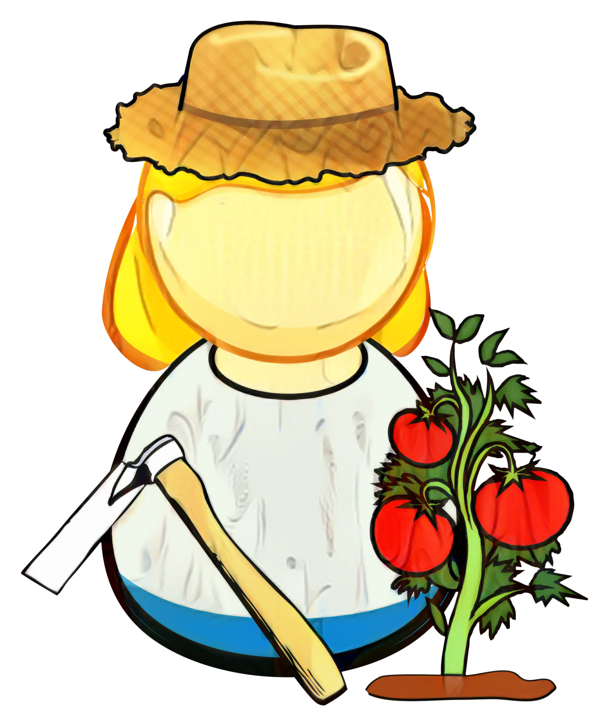 Cartoon Farmer Holding Farming Tools and Growing Tomatoes
