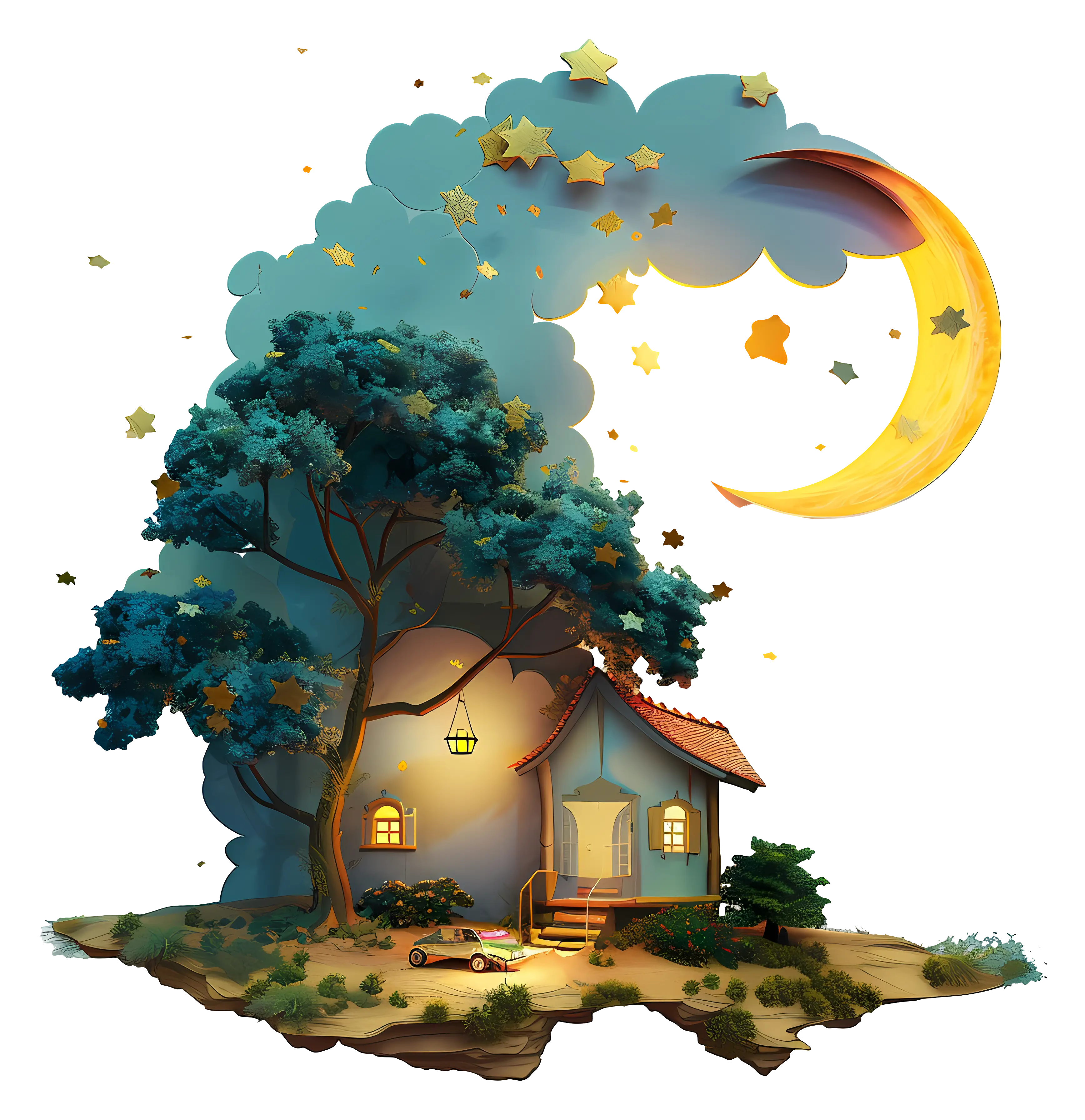 Dreamy House Under Crescent Moon