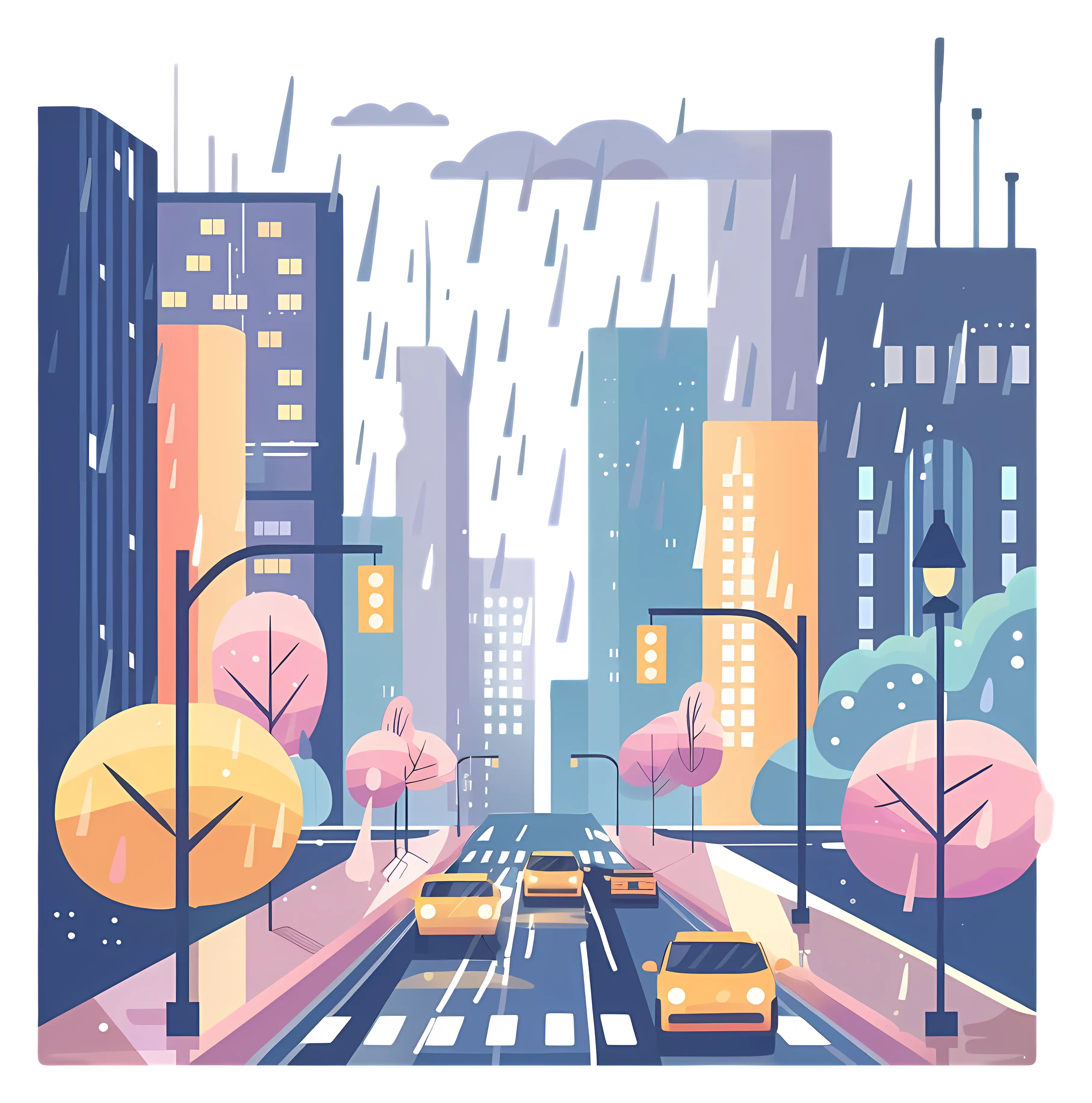 Illustration of Rainy Urban Street