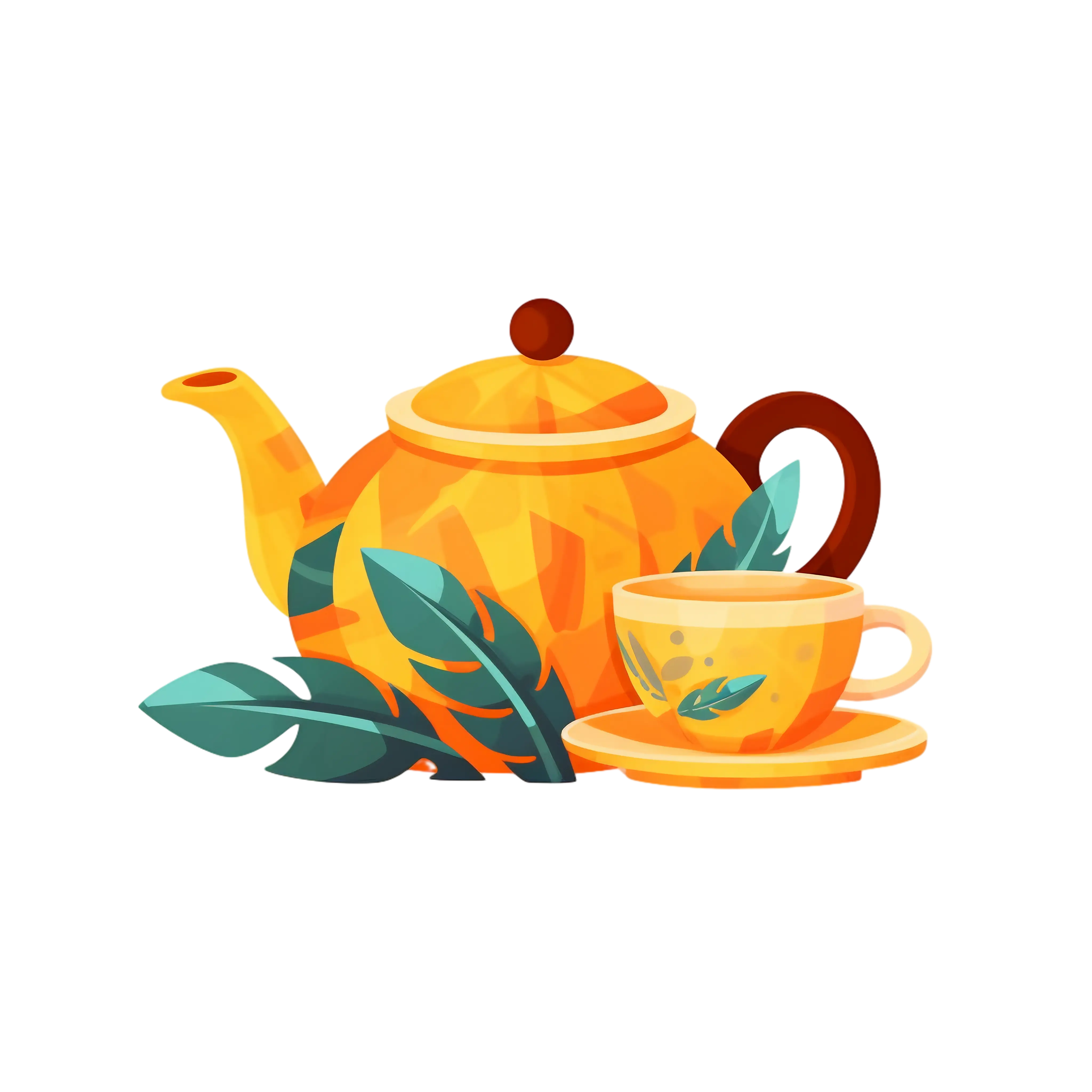 Bright Teapot and Teacup with Tea Leaves