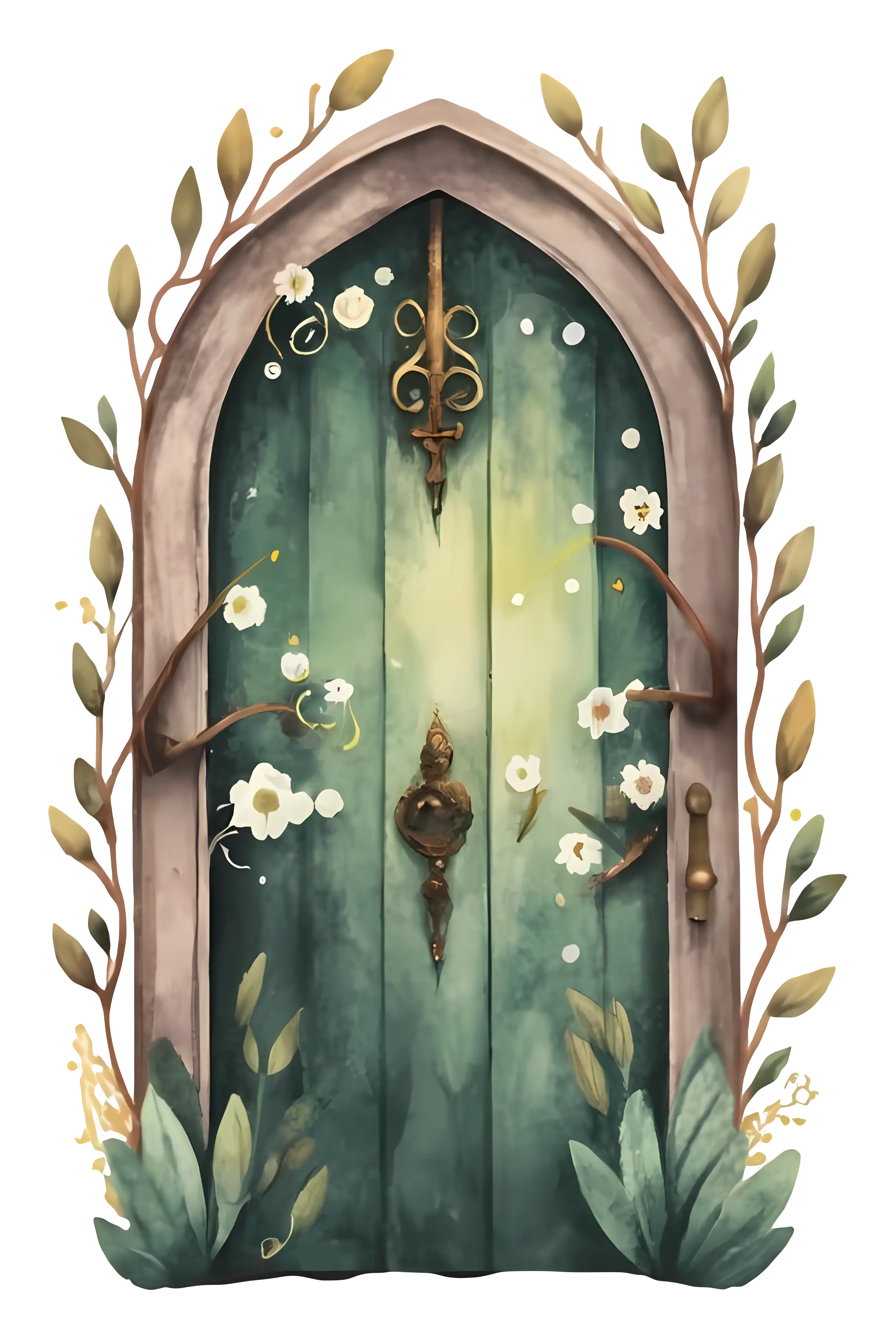 Green Door with Flowers and Vines