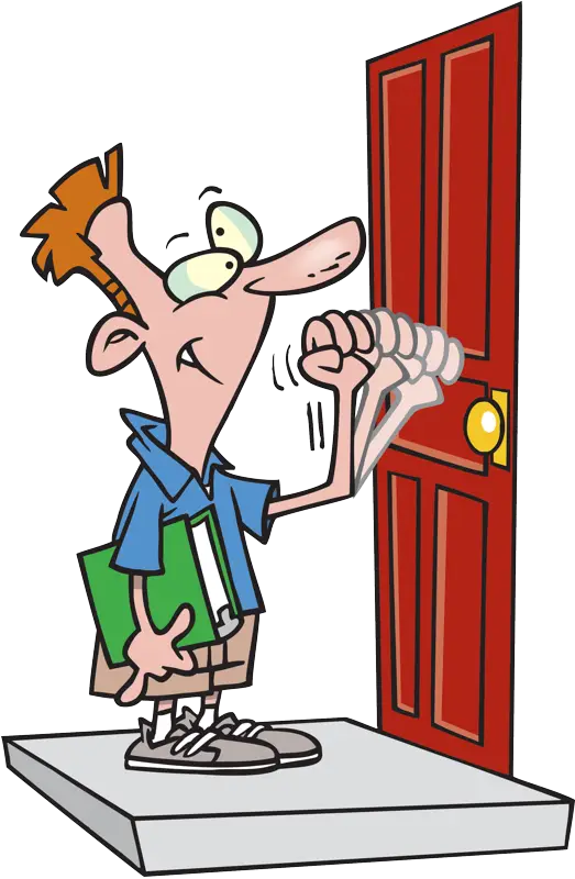 Boy Knocking on Red Door Cartoon