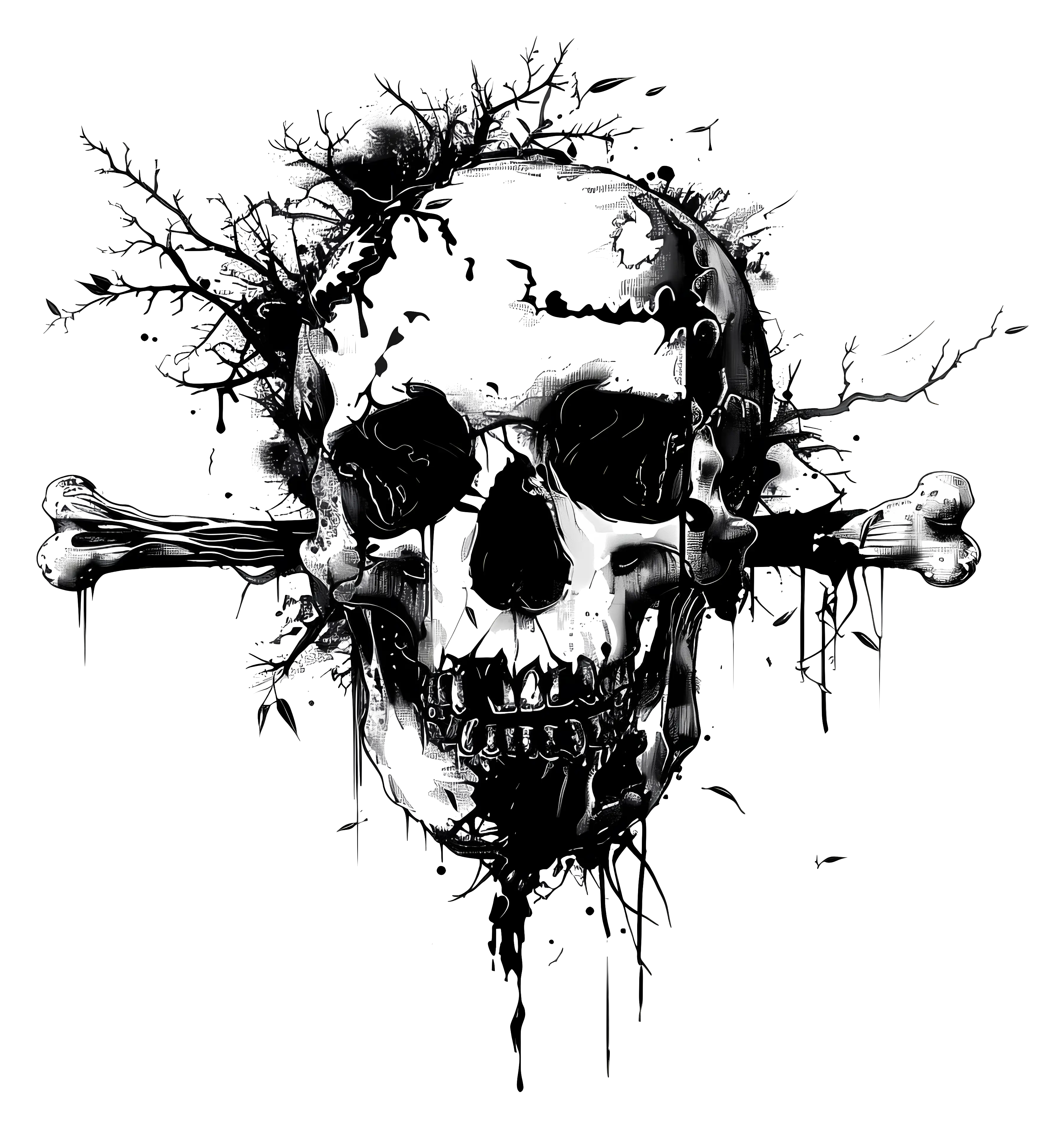 Gothic Skull Illustration with Bones and Twigs