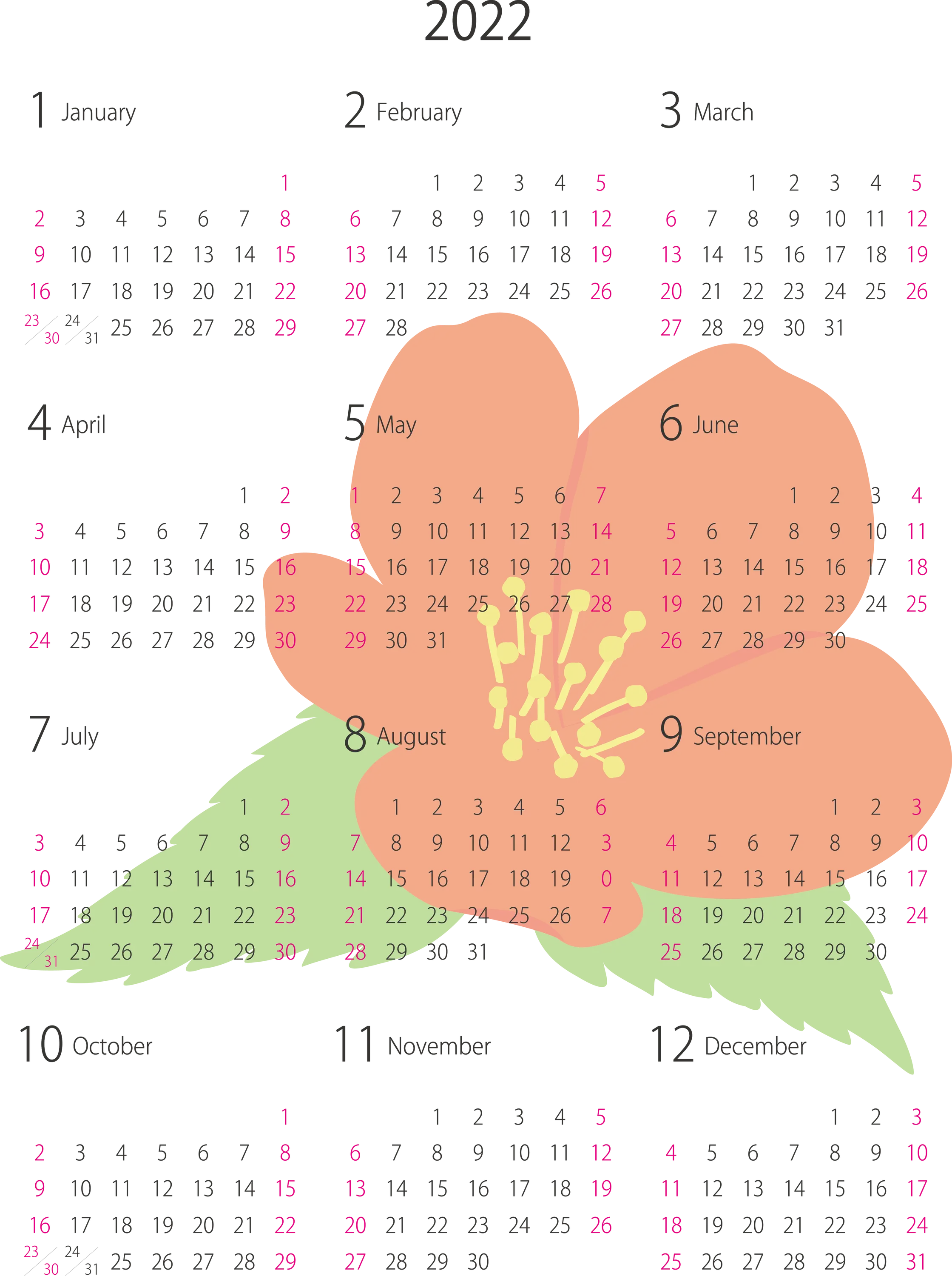 2022 Floral-Themed Calendar Layout