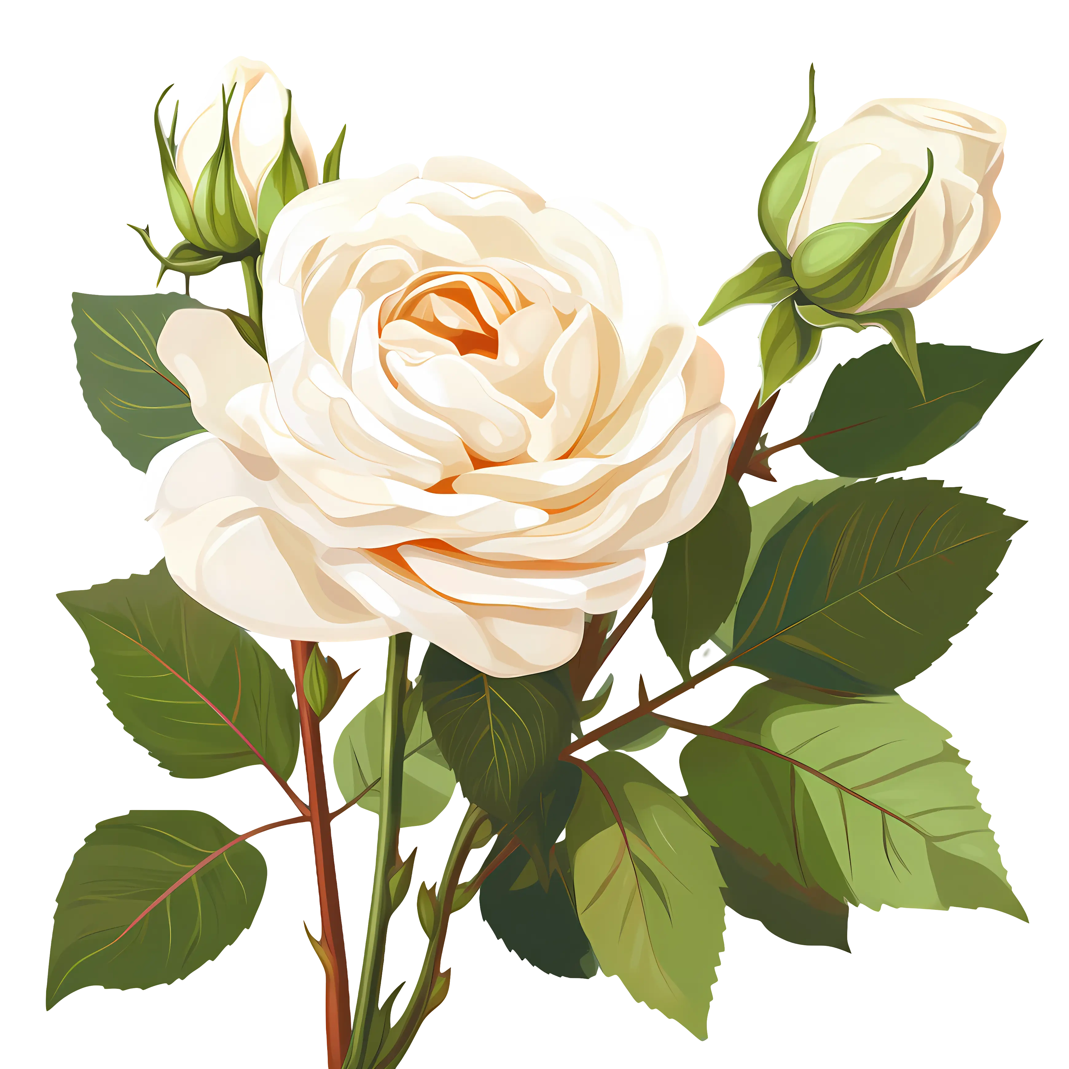 Beautiful White Rose with Buds and Green Leaves