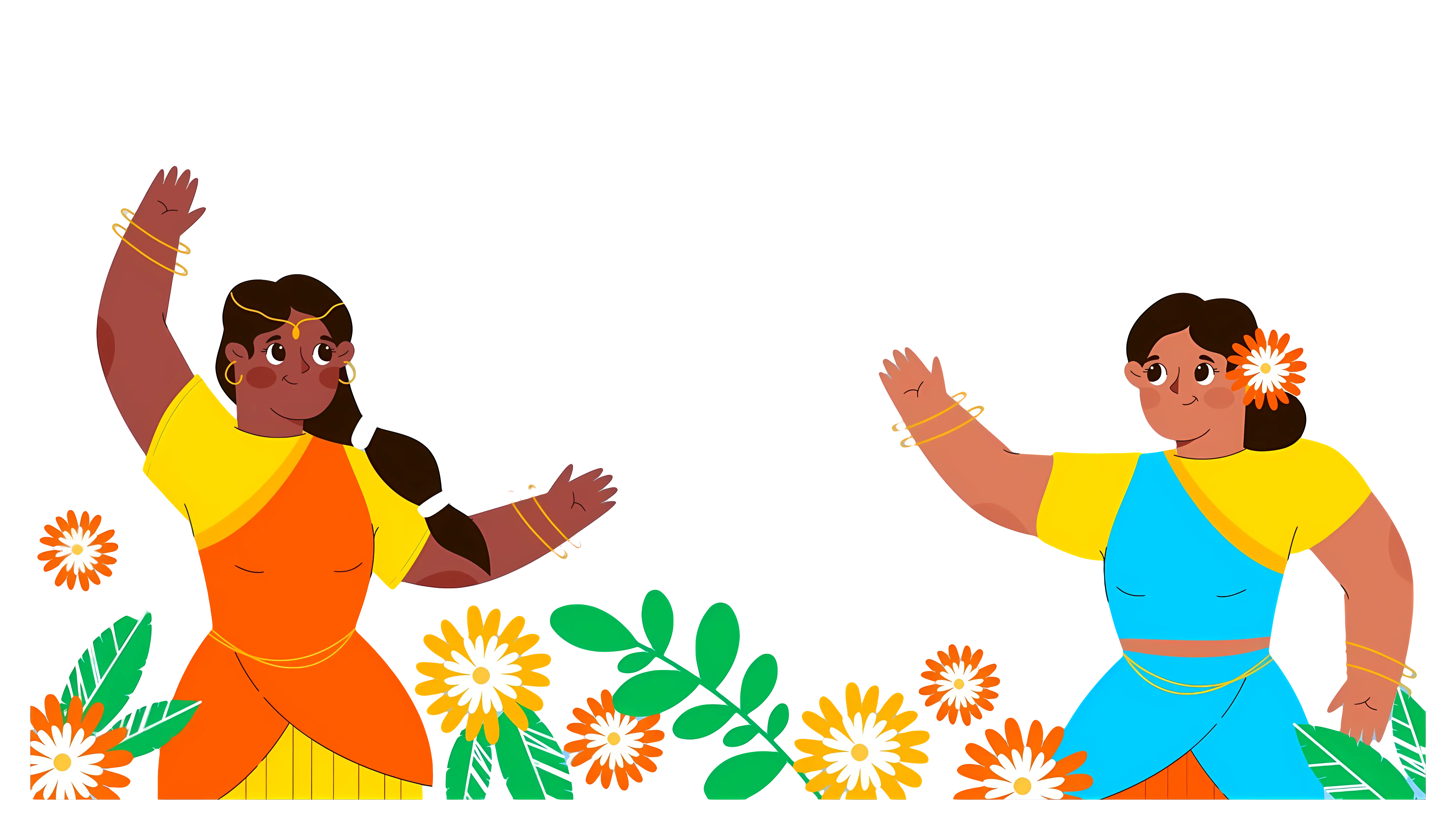Two Women Dancing in Traditional Dress with Flowers
