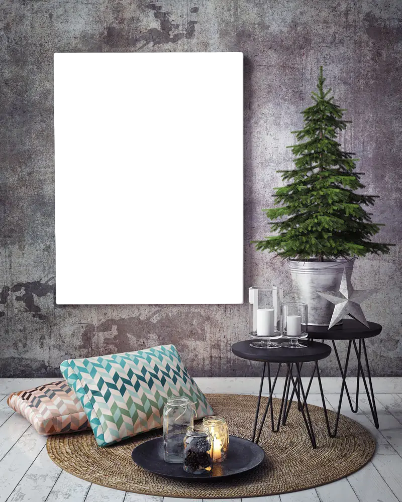 Blank Poster on Wall with Pillows and Christmas Tree