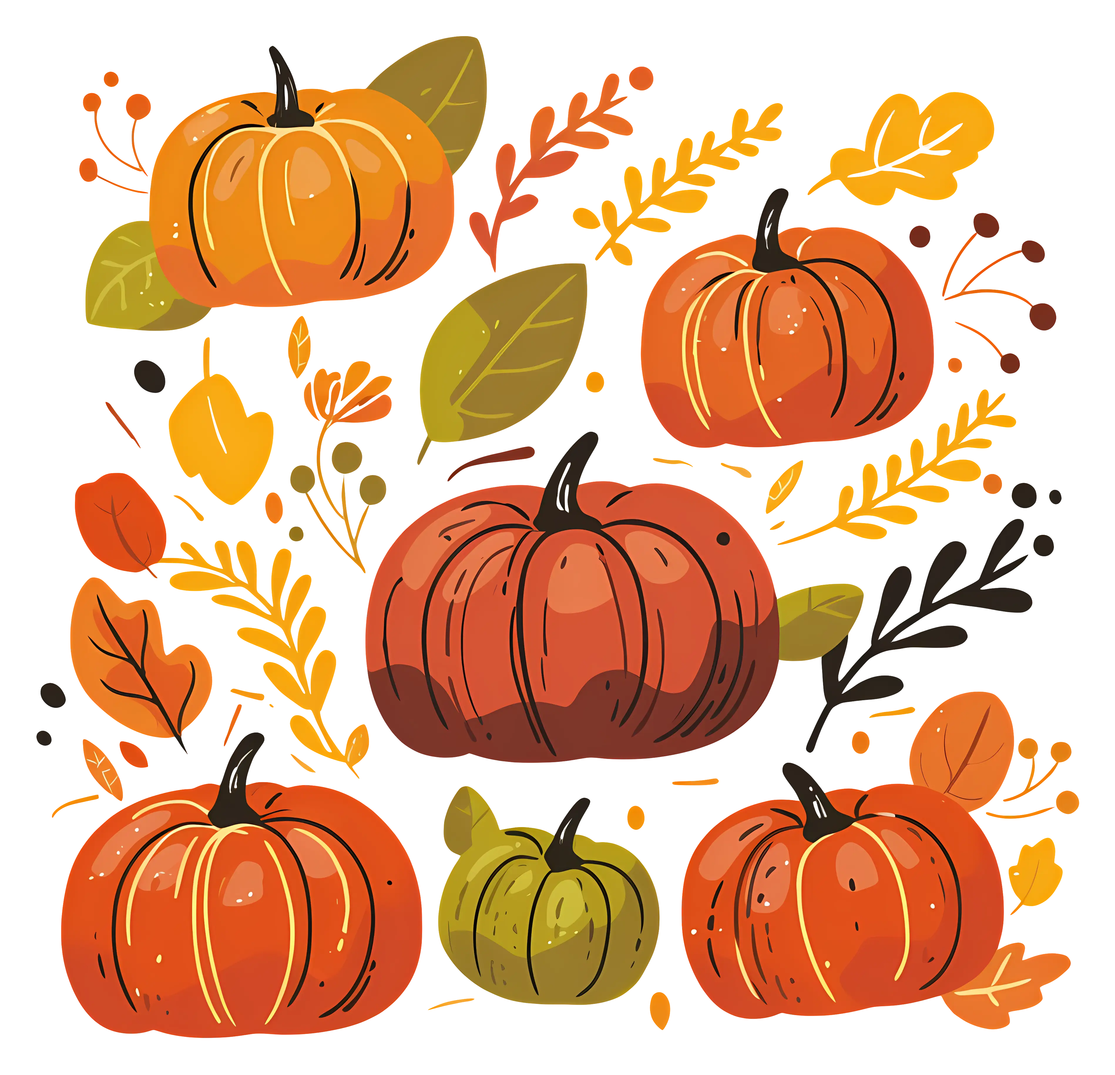 Colorful Pumpkins and Autumn Leaves Illustration