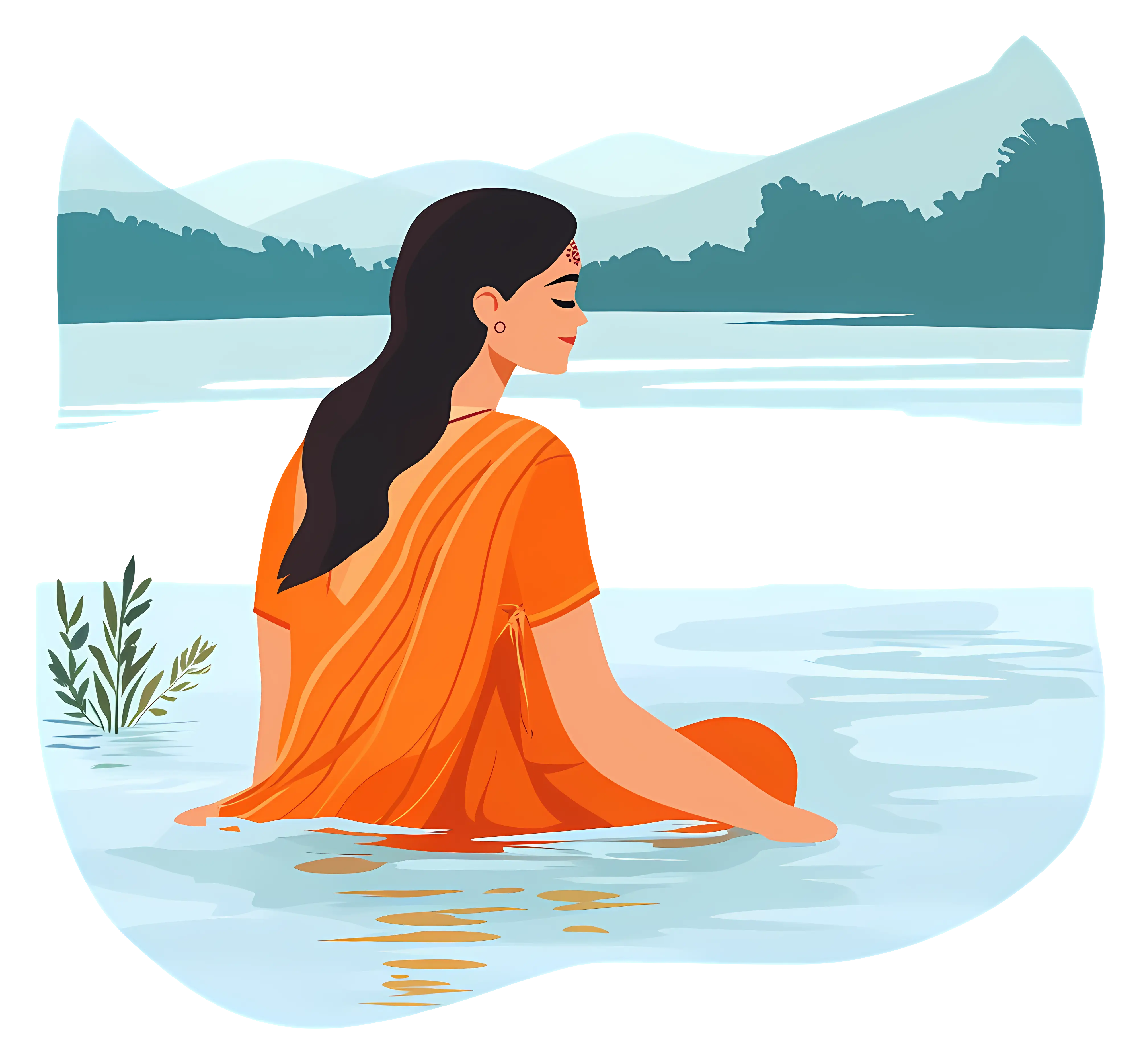 Woman in Water with Scenic Background